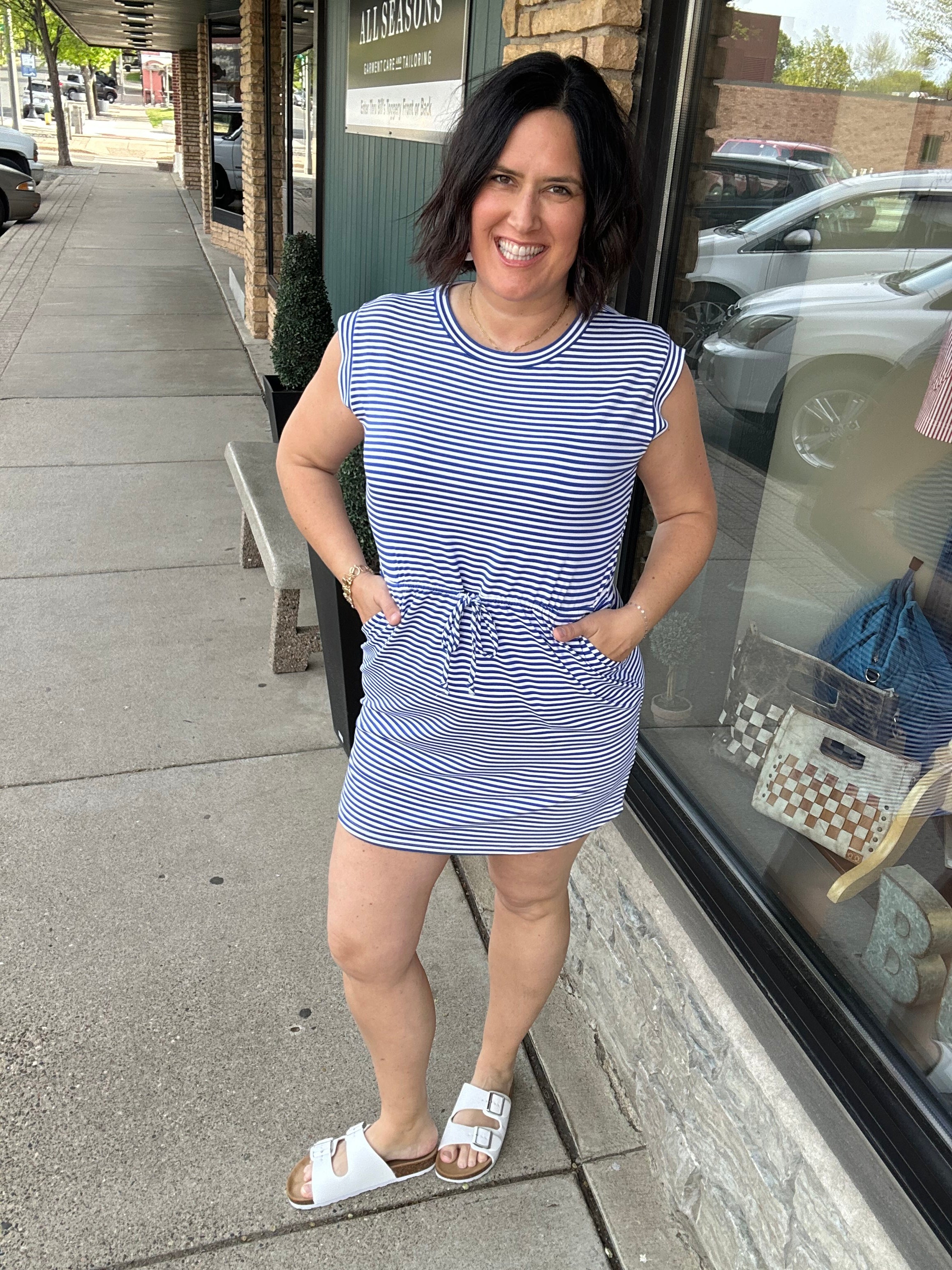 Royal & White Striped Round Neck Dress Dresses STACCATO
