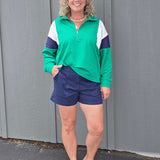 Green & Navy Combo Half Zip Oversized Sweatshirt Top - Sweatshirt WISHLIST