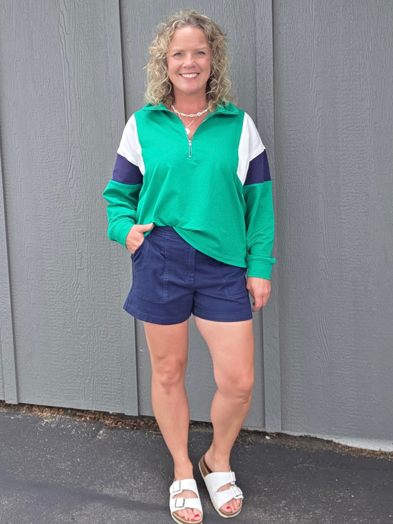 Green & Navy Combo Half Zip Oversized Sweatshirt Top - Sweatshirt WISHLIST
