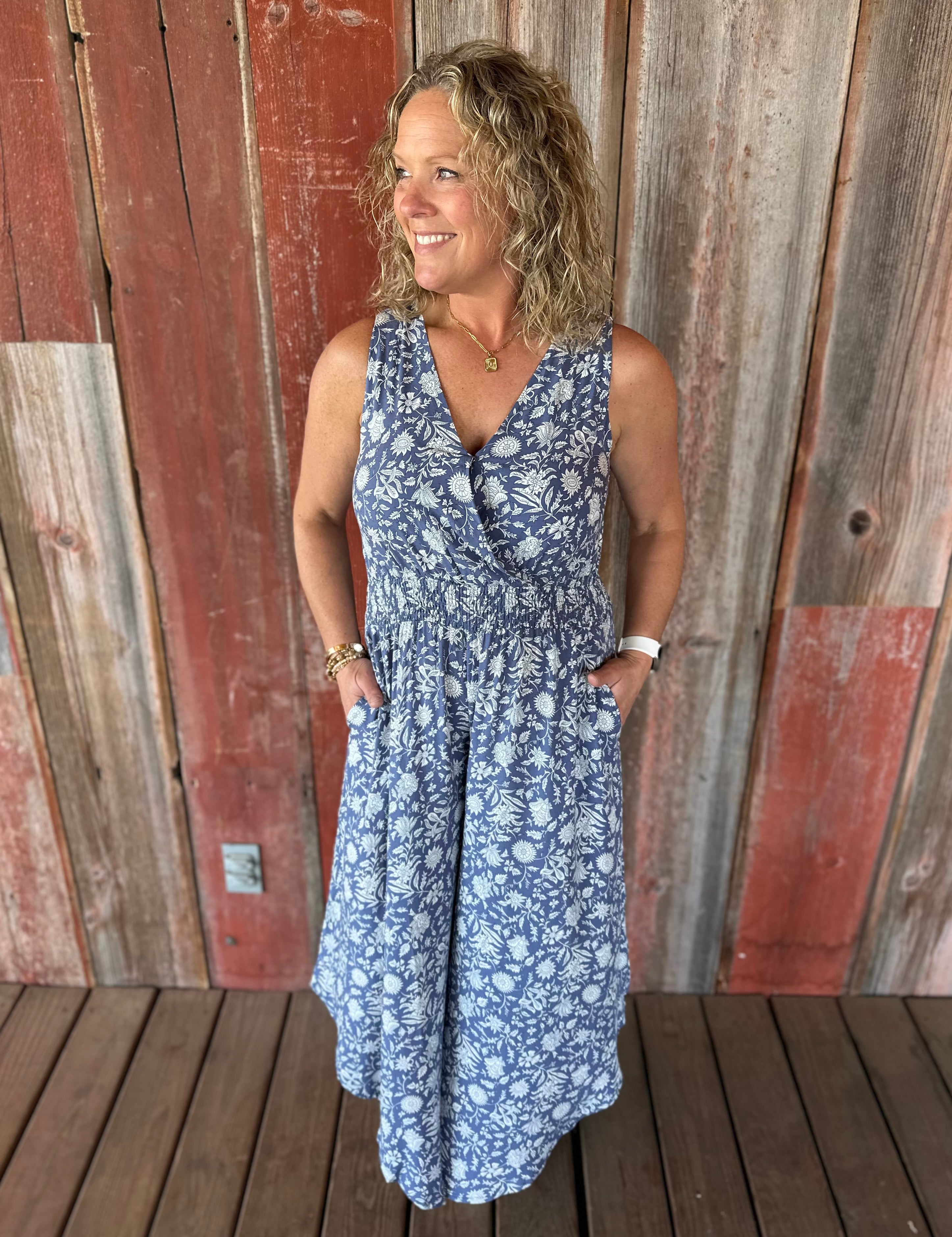Blue Floral Print Jumper Jumpsuit COZY CO.