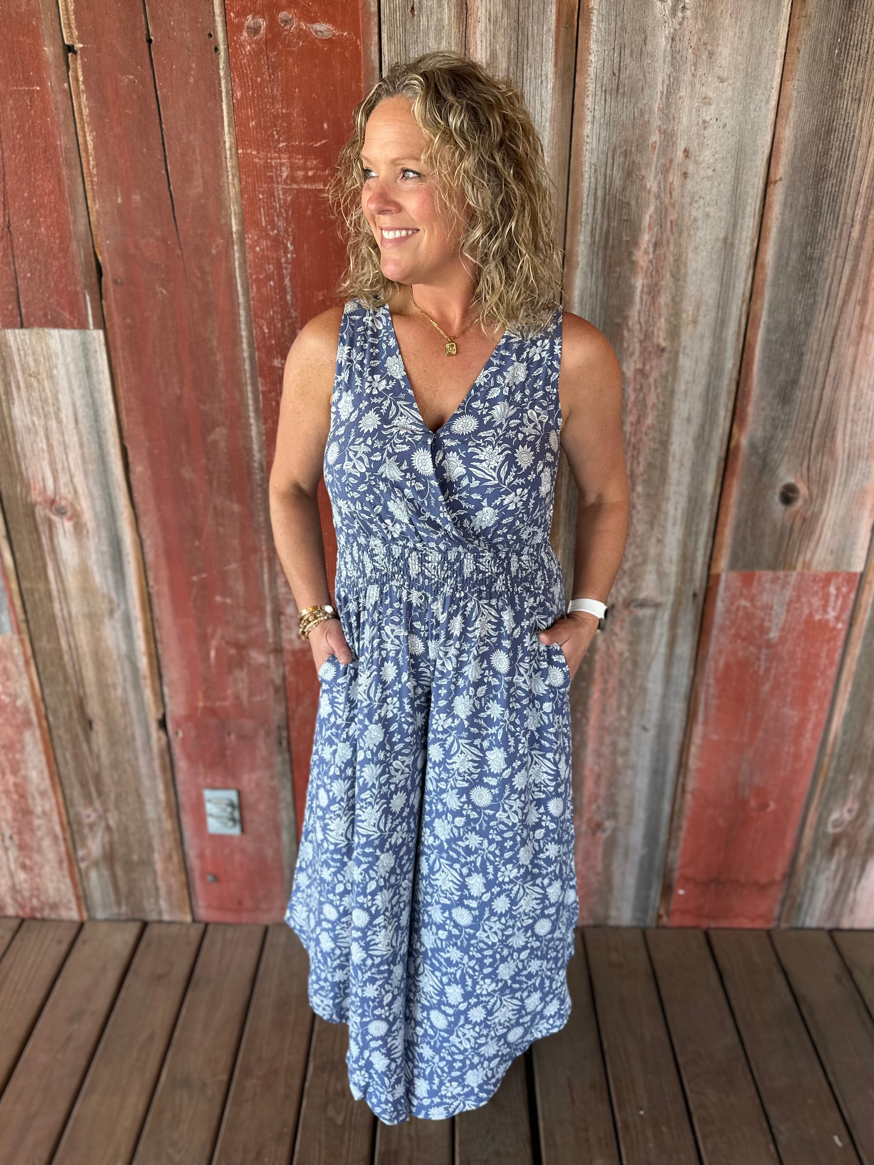Blue Floral Print Jumper Jumpsuit COZY CO.