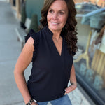 Black Frilled Split Neck Blouse Tops- Blouses STACCATO