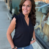 Black Frilled Split Neck Blouse Tops- Blouses STACCATO