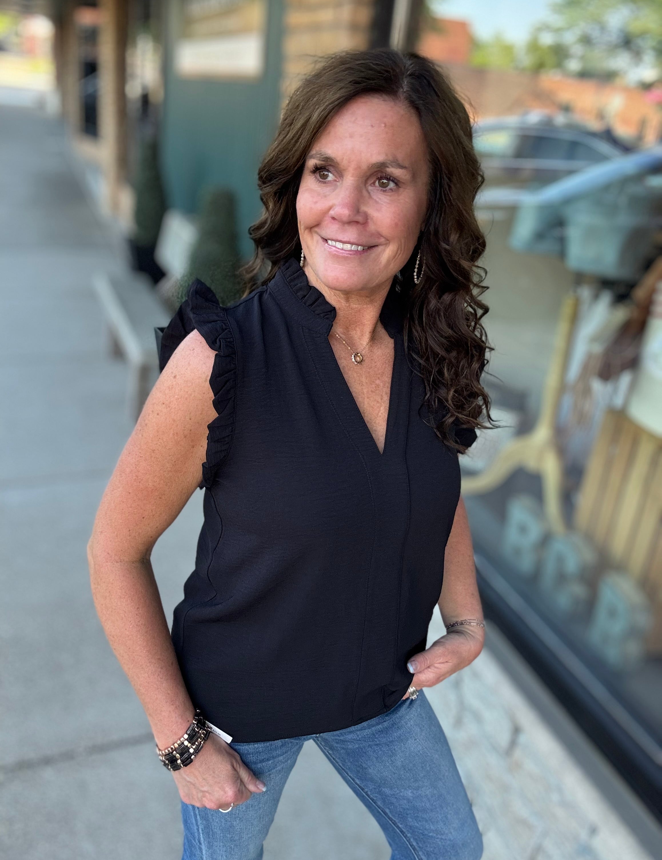 Black Frilled Split Neck Blouse Tops- Blouses STACCATO