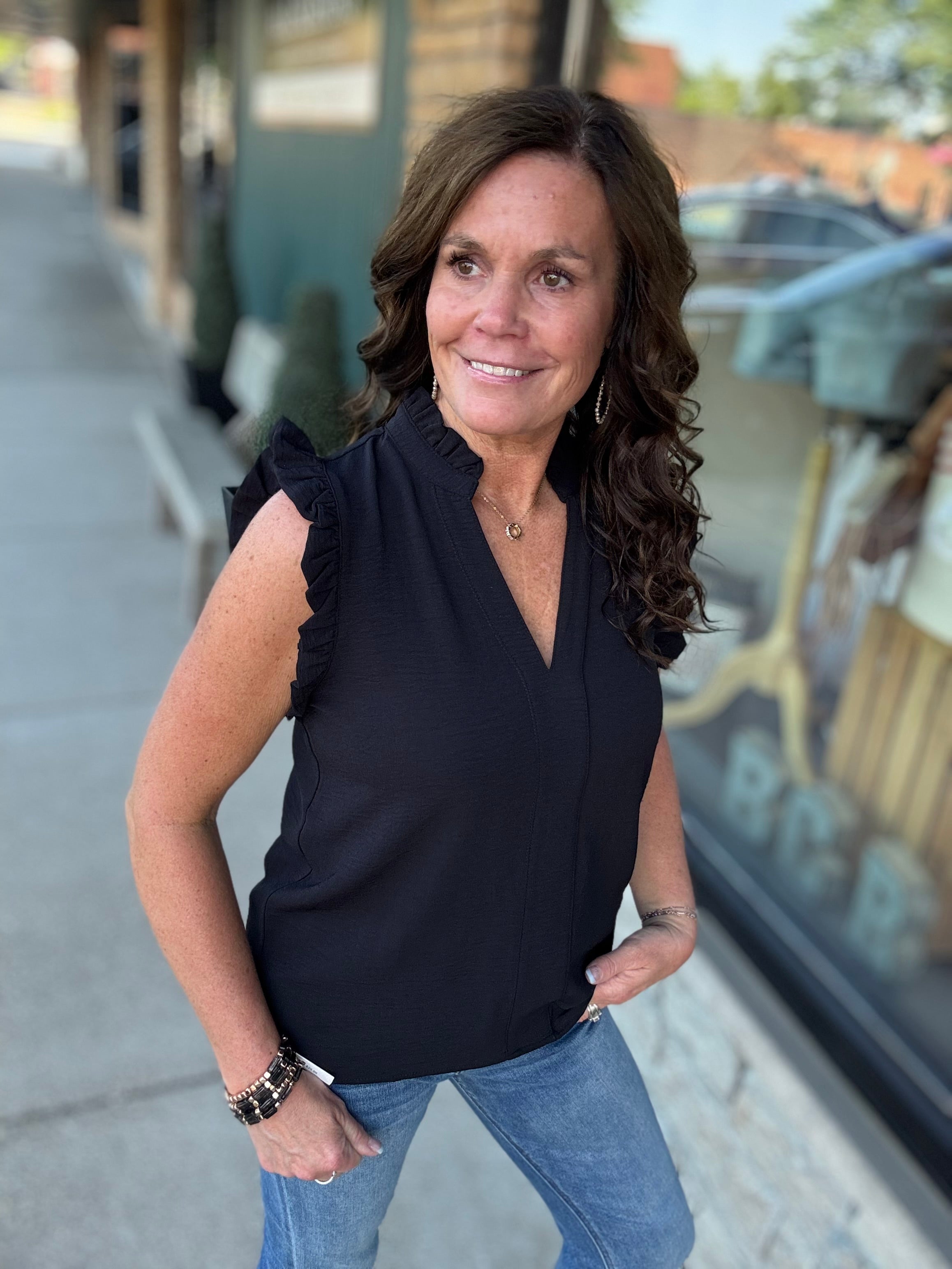 Black Frilled Split Neck Blouse Tops- Blouses STACCATO