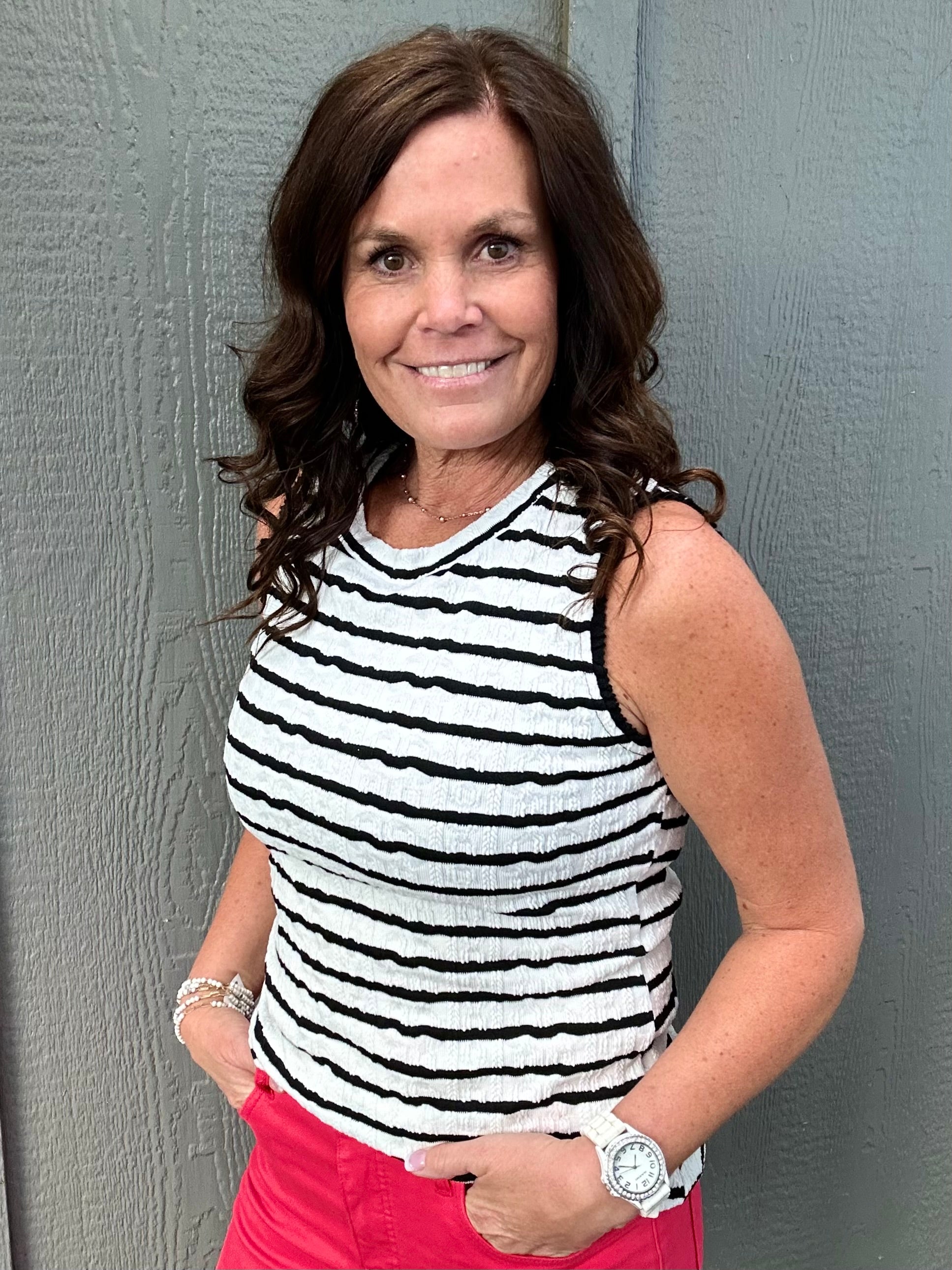 Black/White Textured Stripe Tank Tops- Tanks DOE & RAE