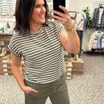 Olive Cream Stripe Rib Top Top - Tee GILLI