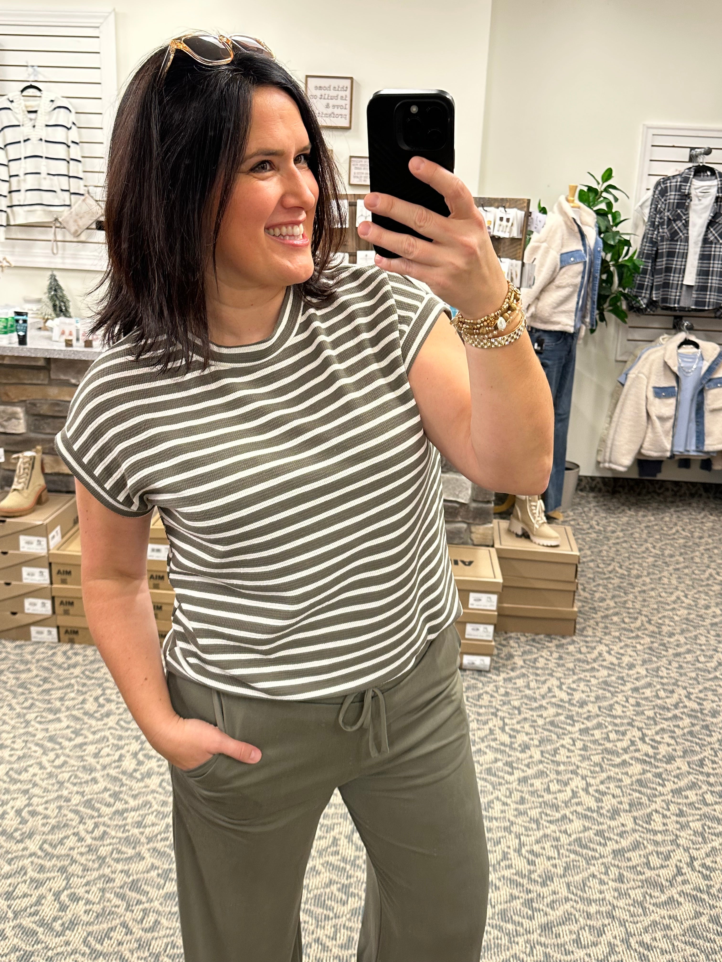Olive Cream Stripe Rib Top Top - Tee GILLI