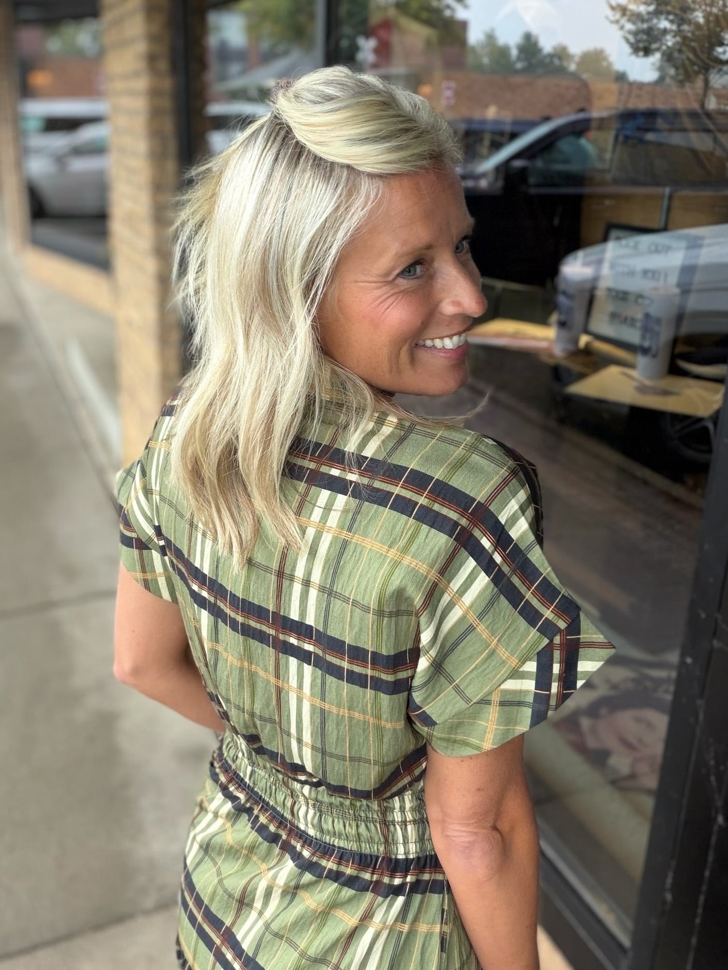 Short Sleeve Cinched Plaid Dress THML