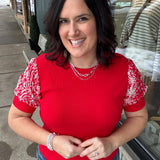 Red Ribbed Floral Eyelet Sleeve Top