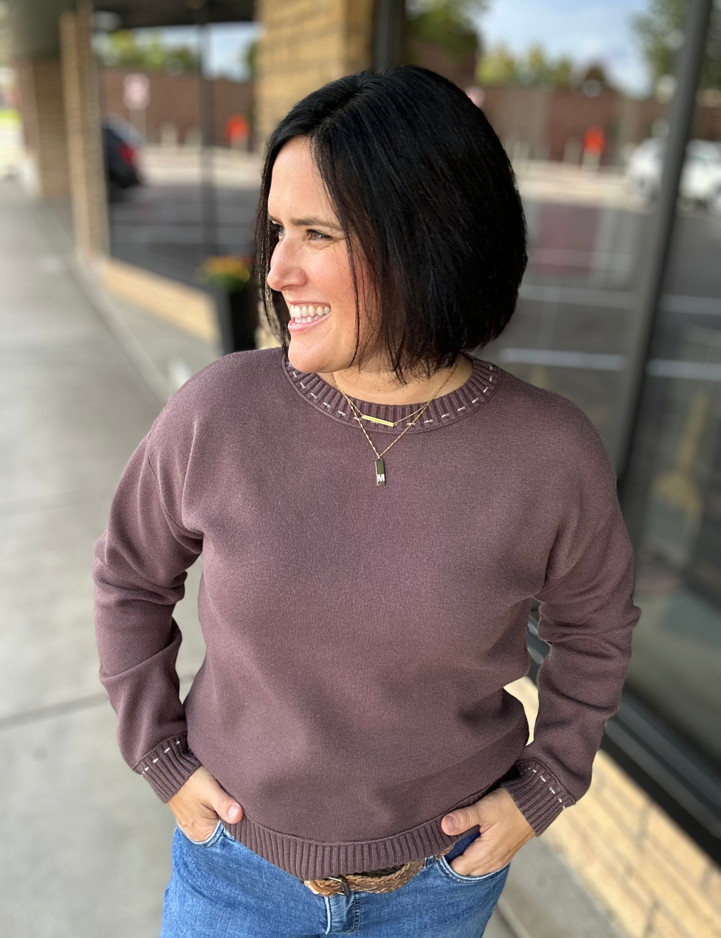Mocha Stitch Detail Crew Neck Sweater Top - Sweater STACCATO
