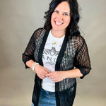 Black Coastal Crochet Tie Kimono OS Tops- Cardigans PRETTY SIMPLE WHOLESALE