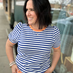 Royal & White Striped Puff Sleeve Top Tops- Sweatshirts JODIFL