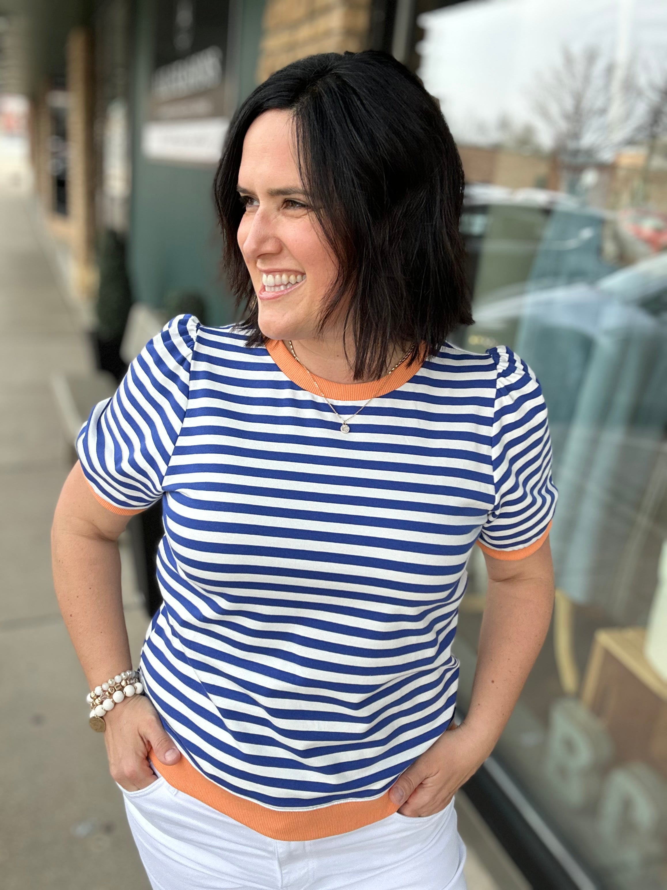 Royal & White Striped Puff Sleeve Top Tops- Sweatshirts JODIFL