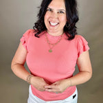 Coral Rib Ruffled Top Tops- Blouses DOE & RAE