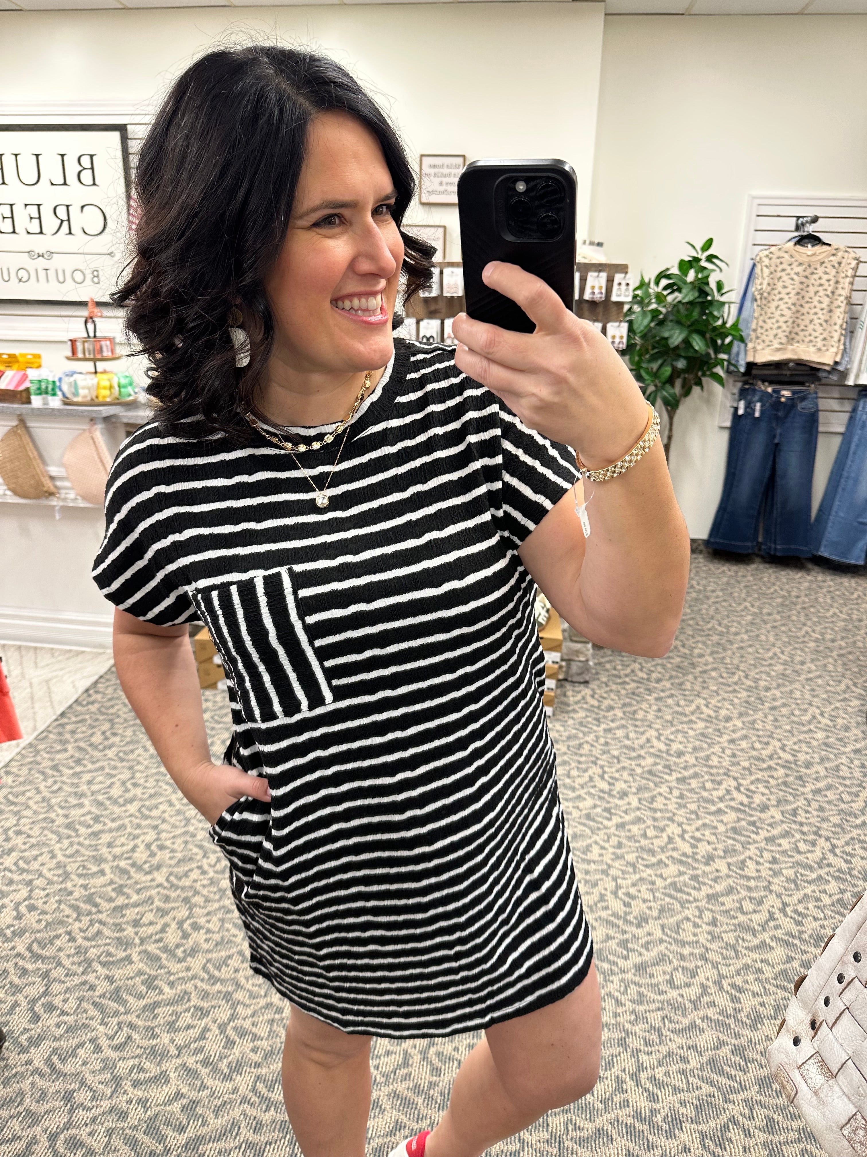Black Striped Short Sleeve Mini Dress Dresses EE:SOME