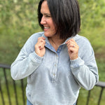 Denim Washed Half Button Sweatshirt Top- Sweatshirt TRES BIEN