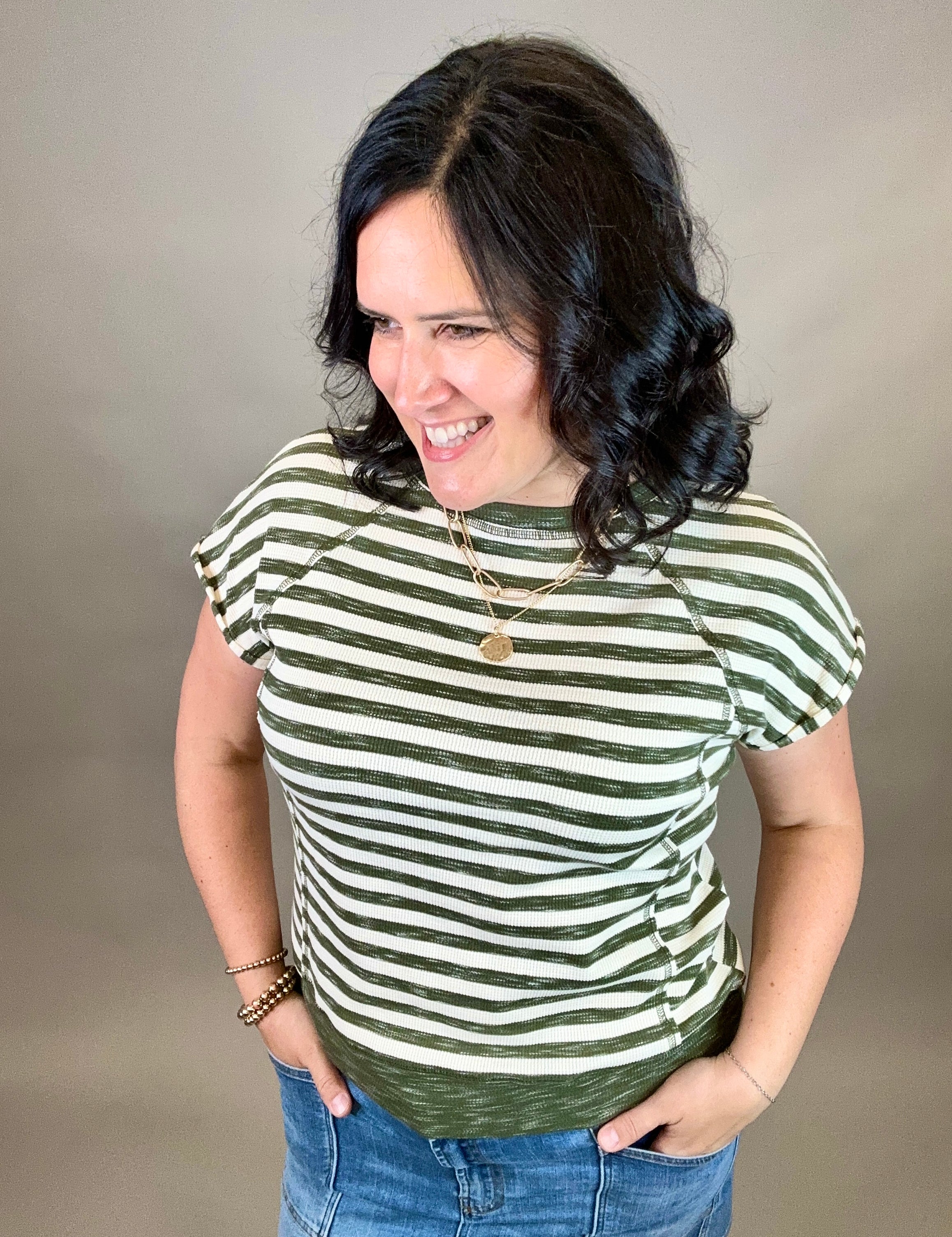 Olive Striped Exposed Stitch Top Top - Tee STACCATO