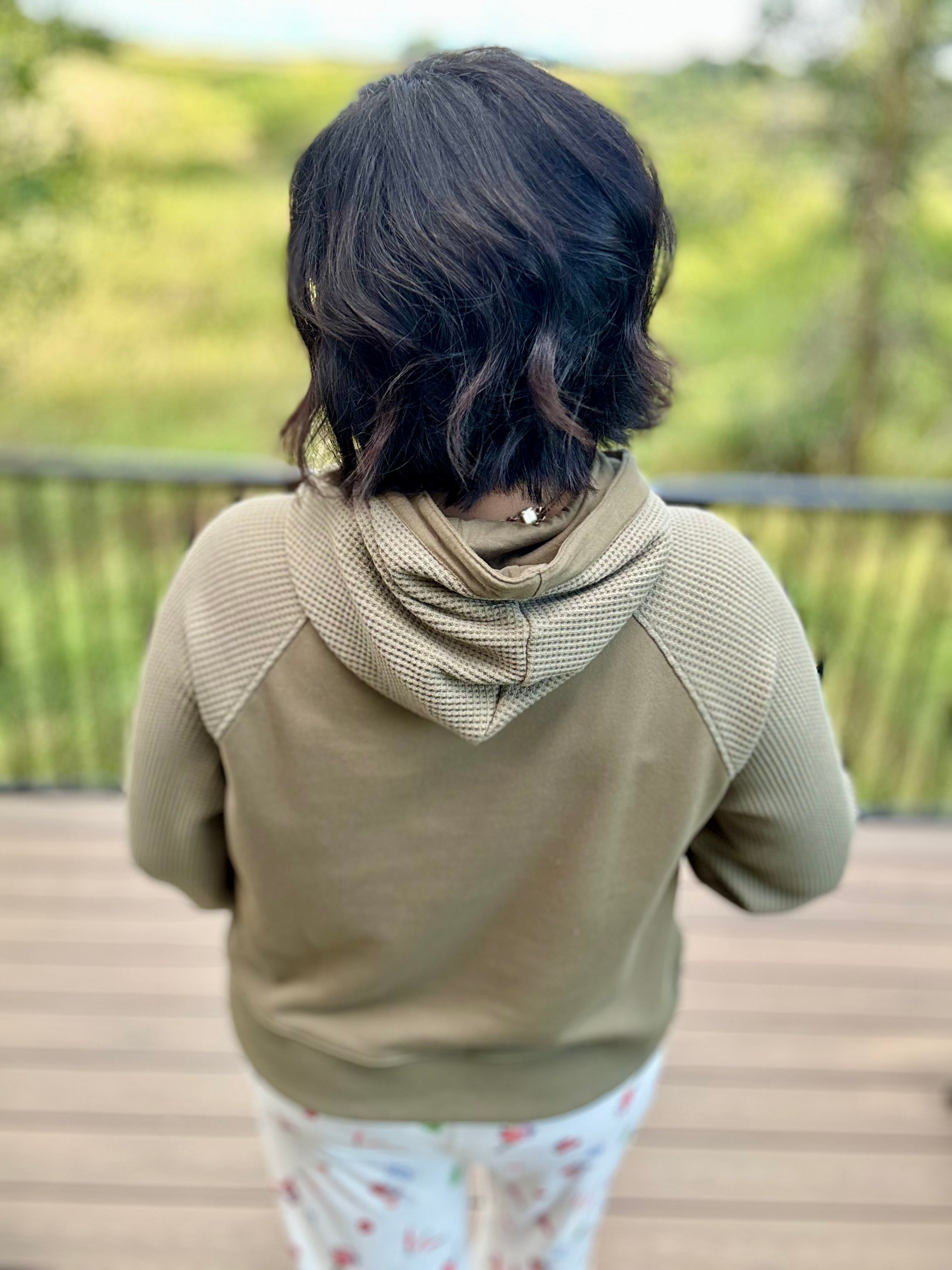 Army Waffle Mixed-Media Hoodie Top - Sweatshirt TRES BIEN