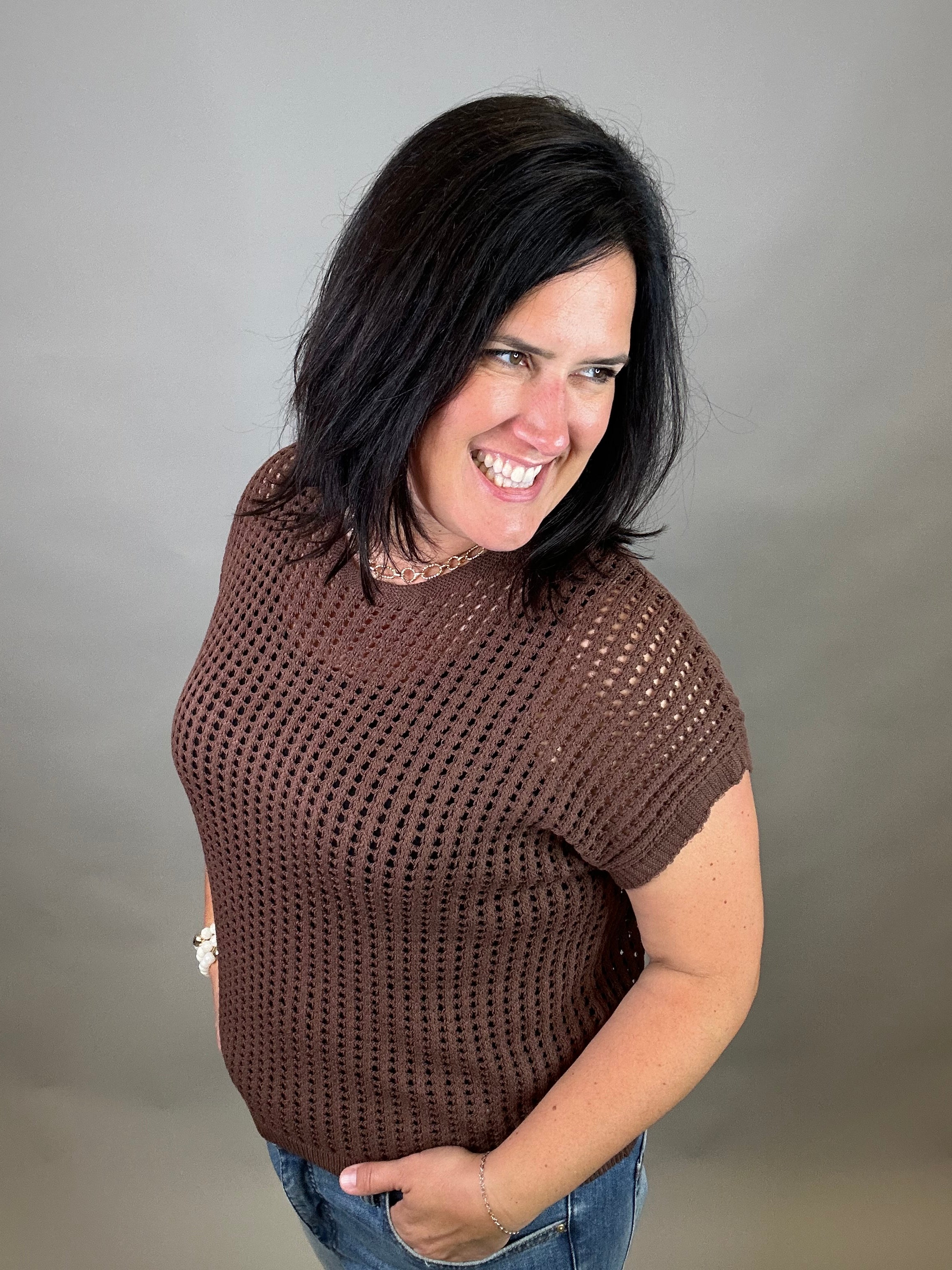 Brown Loose Knit Sweater Top Top - Sweater ZENANA