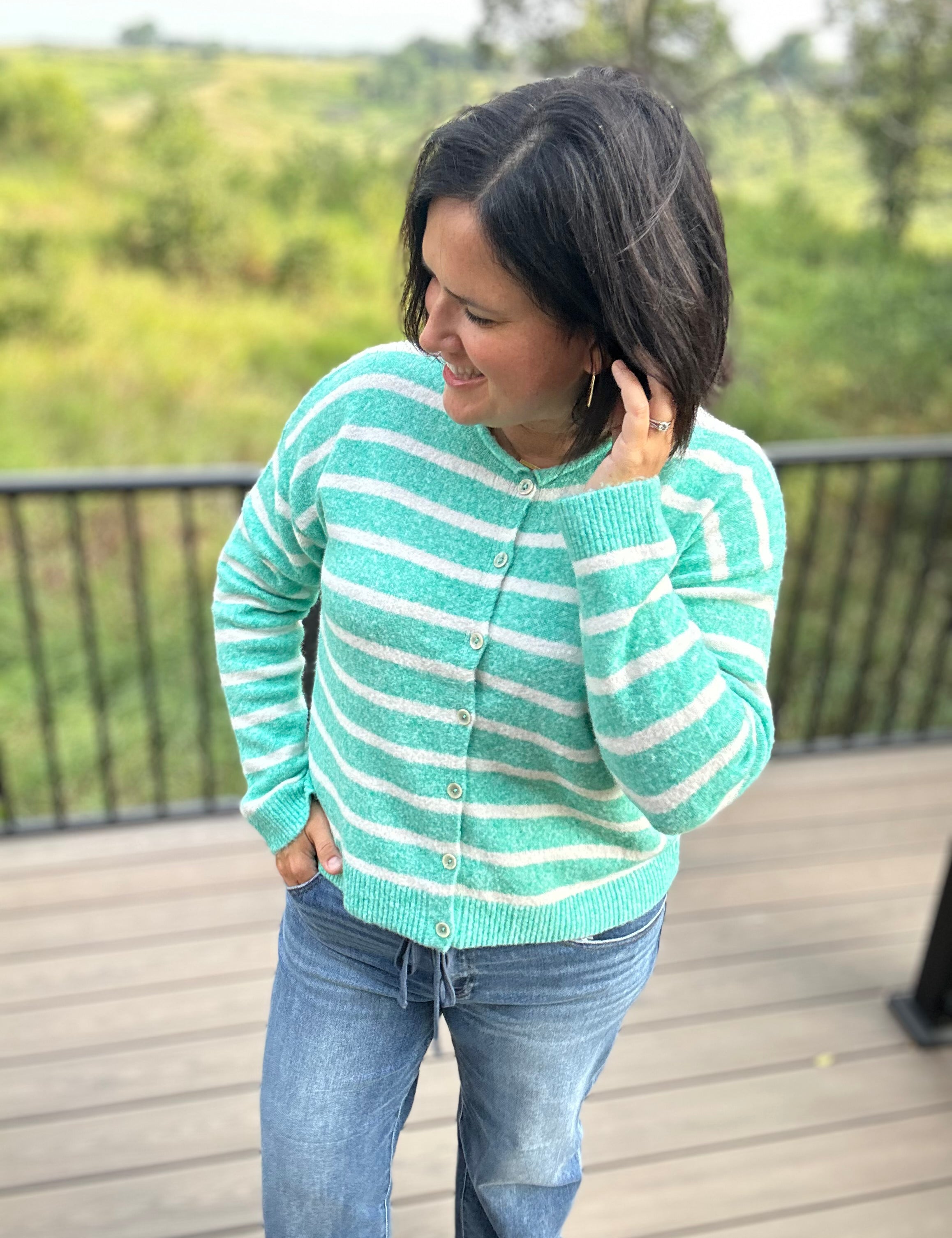 Green Cream Stripe Cardigan Sweater Tops- Cardigans WISHLIST