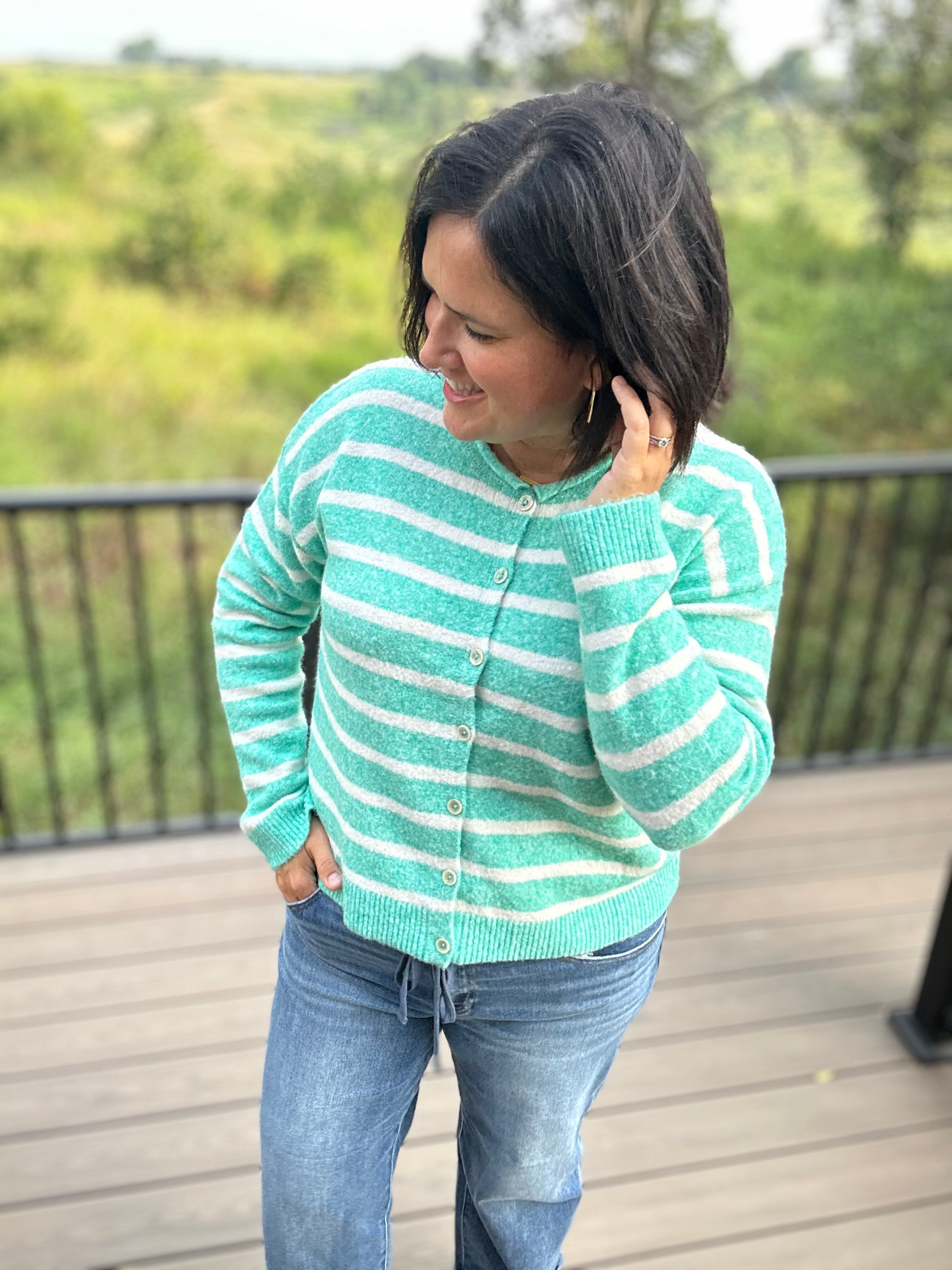Green Cream Stripe Cardigan Sweater Tops- Cardigans WISHLIST