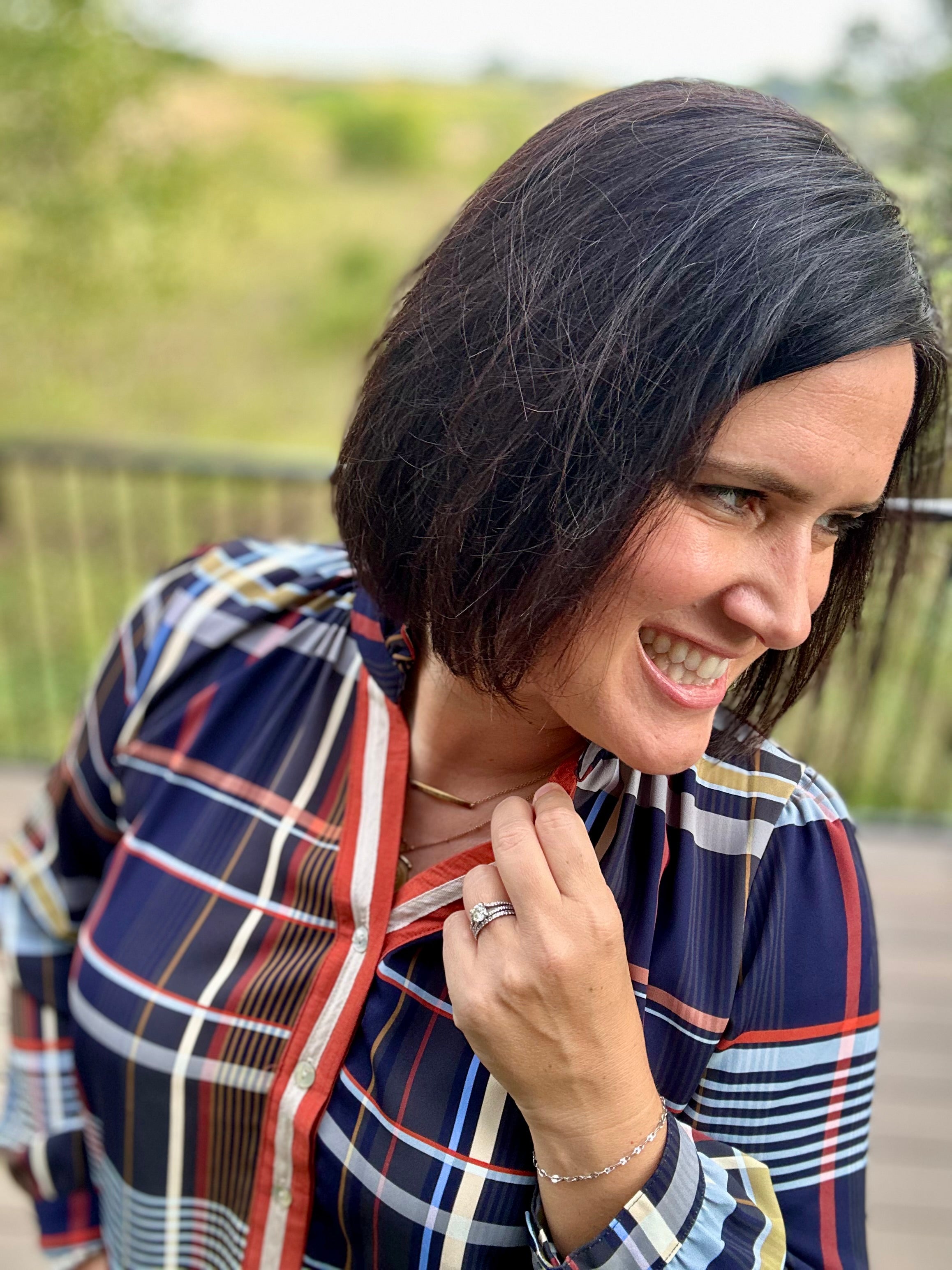 Navy Plaid Button Front Blouse Tops- Blouses THML