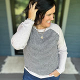 Taupe & Black Stripe Raglan Crew Sweater Top - Sweater STACCATO