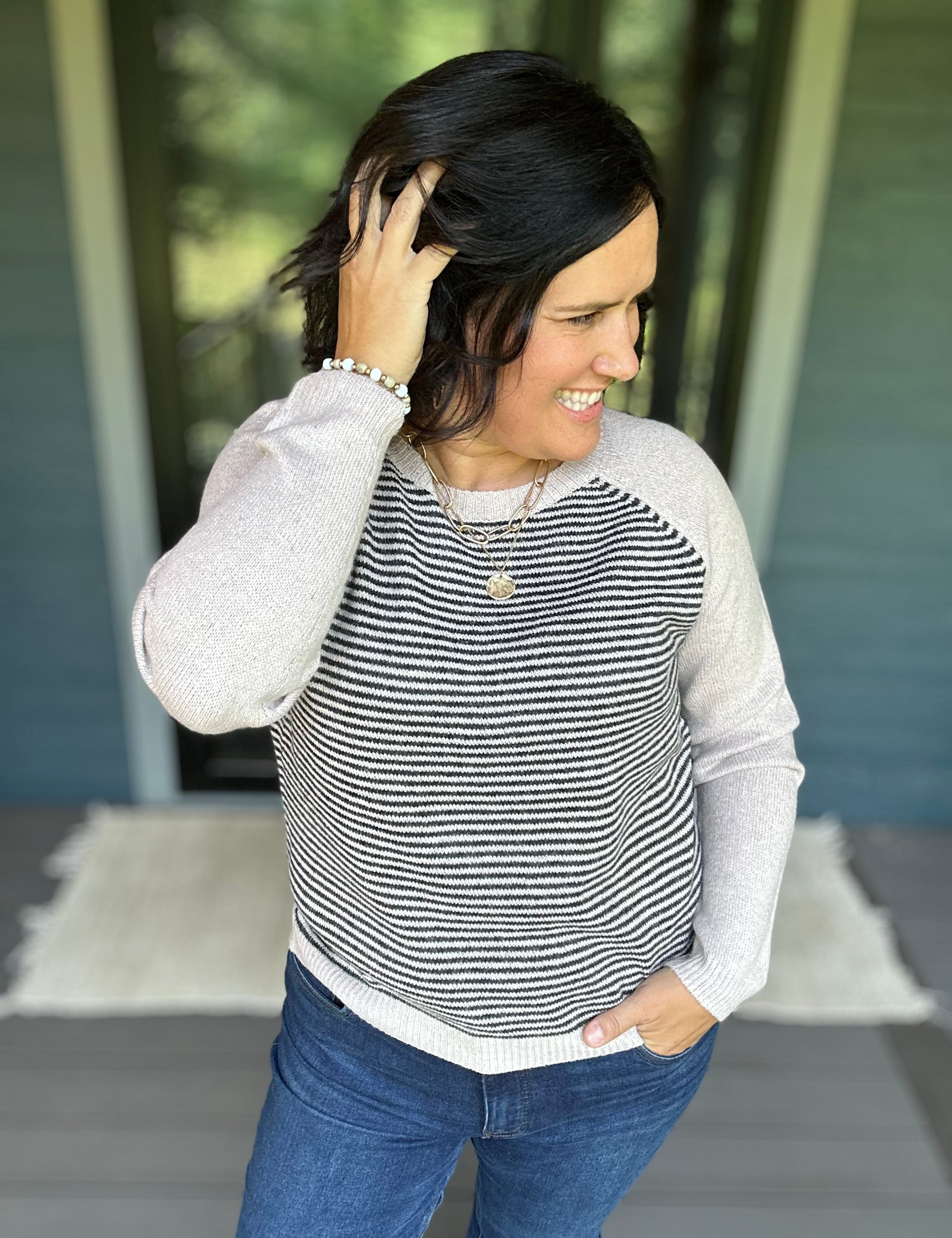 Taupe & Black Stripe Raglan Crew Sweater Top - Sweater STACCATO