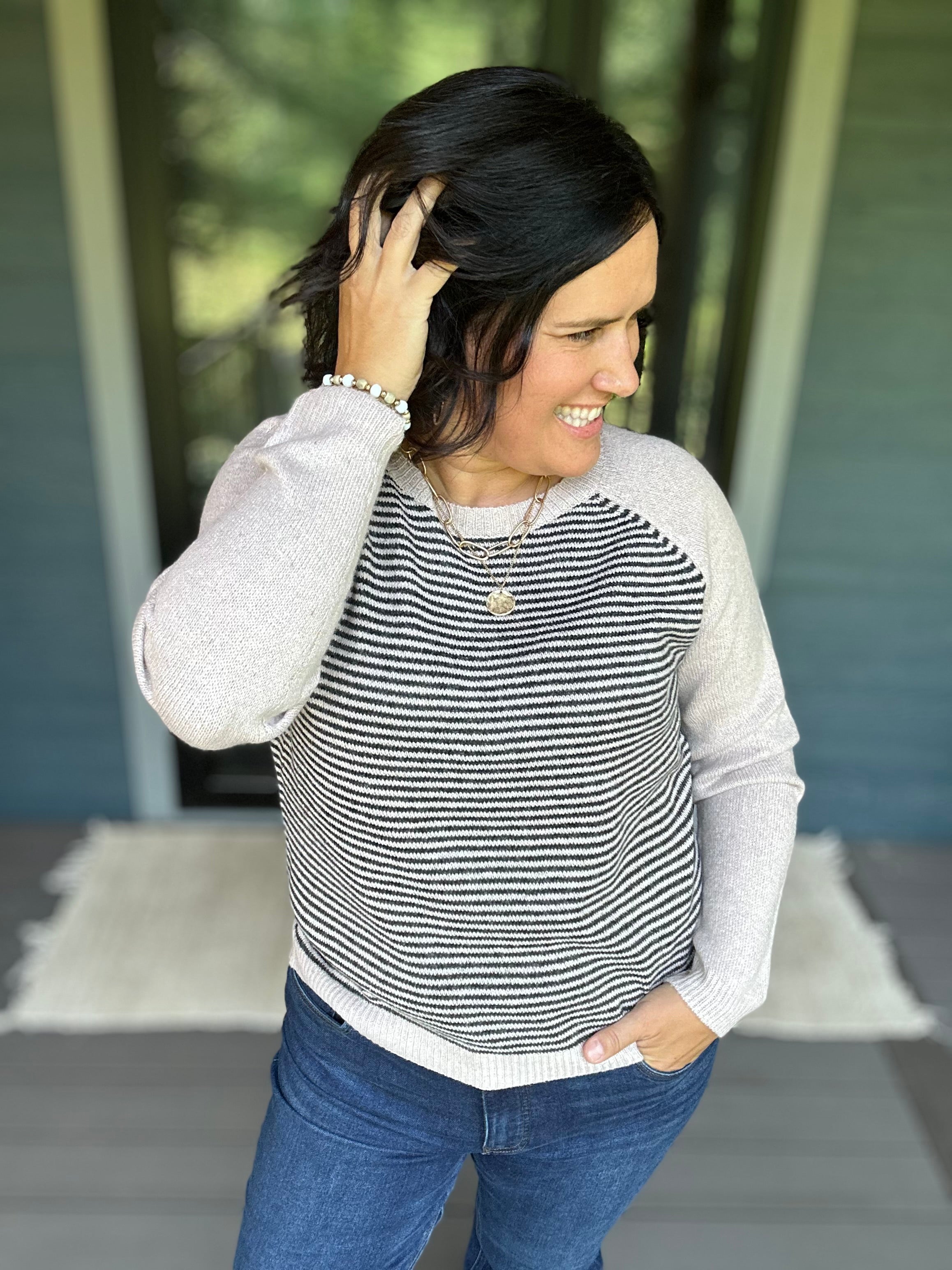 Taupe & Black Stripe Raglan Crew Sweater Top - Sweater STACCATO