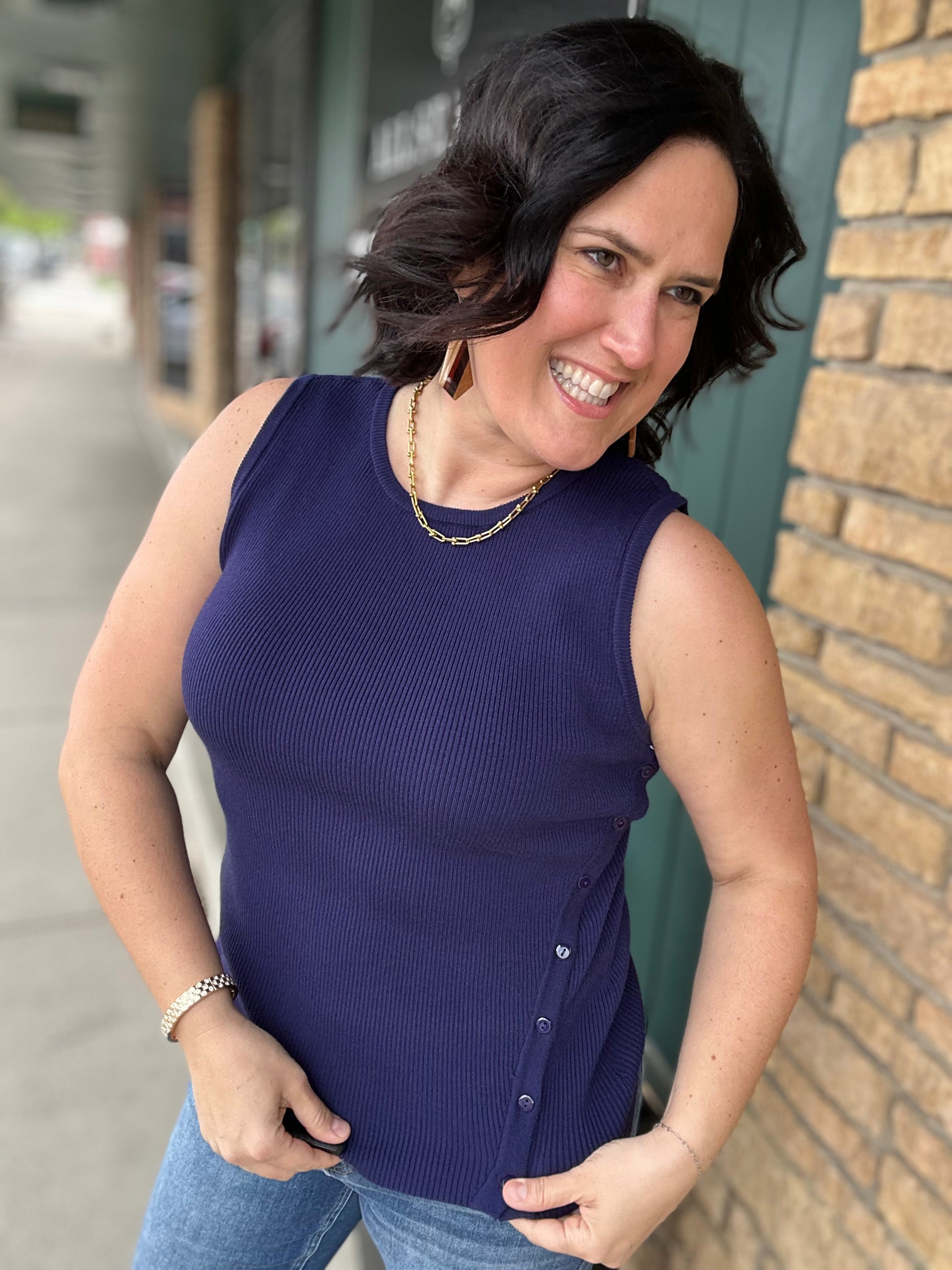 Navy Asymmetrical Button Ribbed Tank Tops- Tanks DOE & RAE