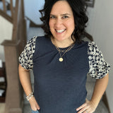 Navy Floral Embroidered Sleeve Top