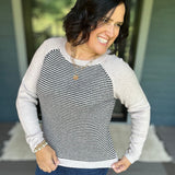 Taupe & Black Stripe Raglan Crew Sweater Top - Sweater STACCATO
