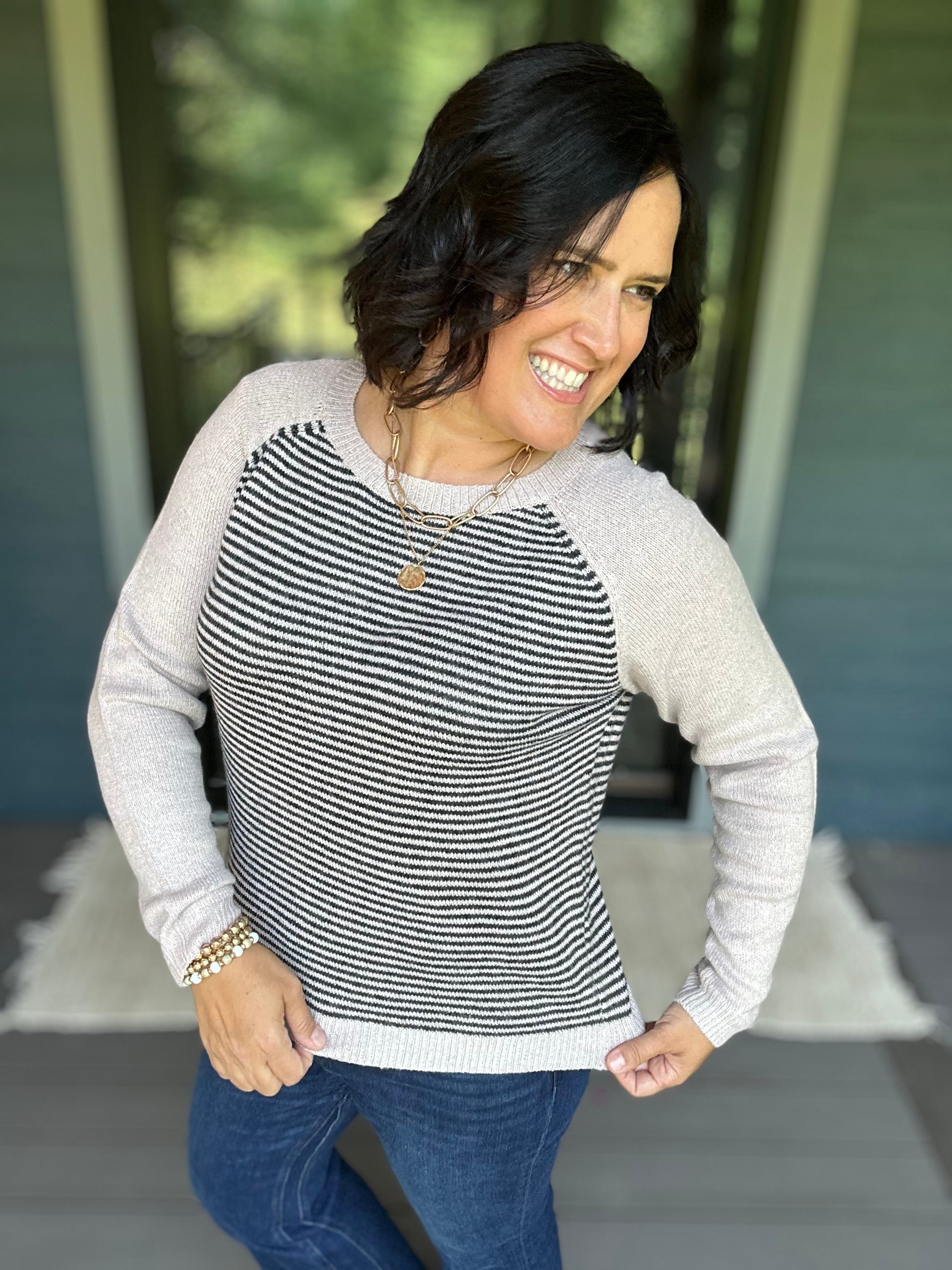Taupe & Black Stripe Raglan Crew Sweater Top - Sweater STACCATO
