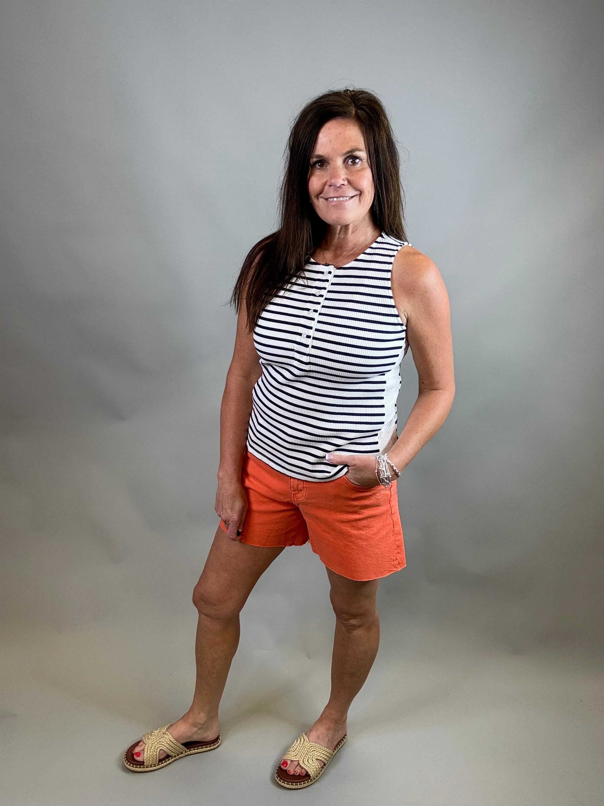 White/Navy Striped Ribbed Sleeveless Top Tops- Tanks DOE & RAE