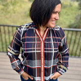 Navy Plaid Button Front Blouse Tops- Blouses THML
