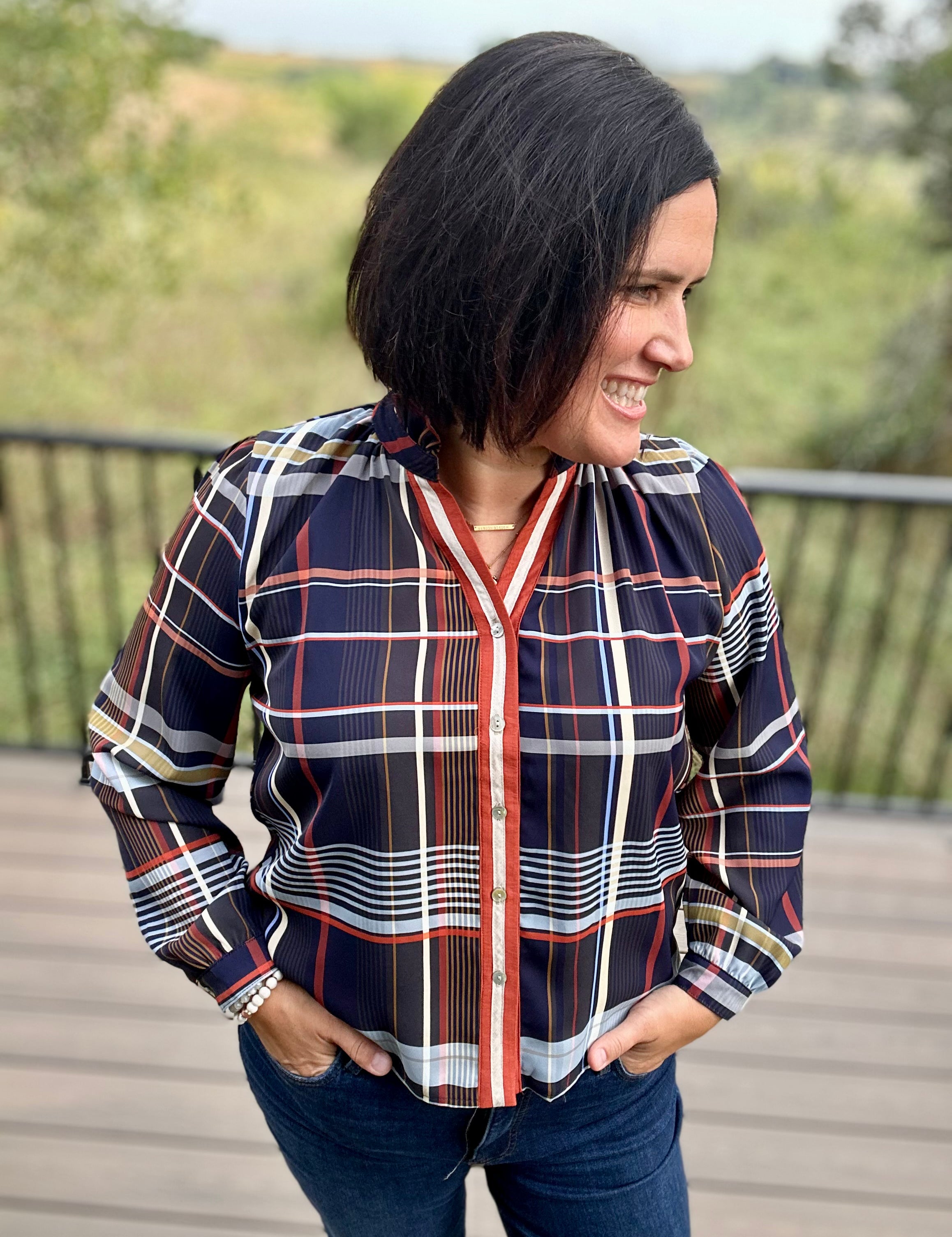 Navy Plaid Button Front Blouse Tops- Blouses THML