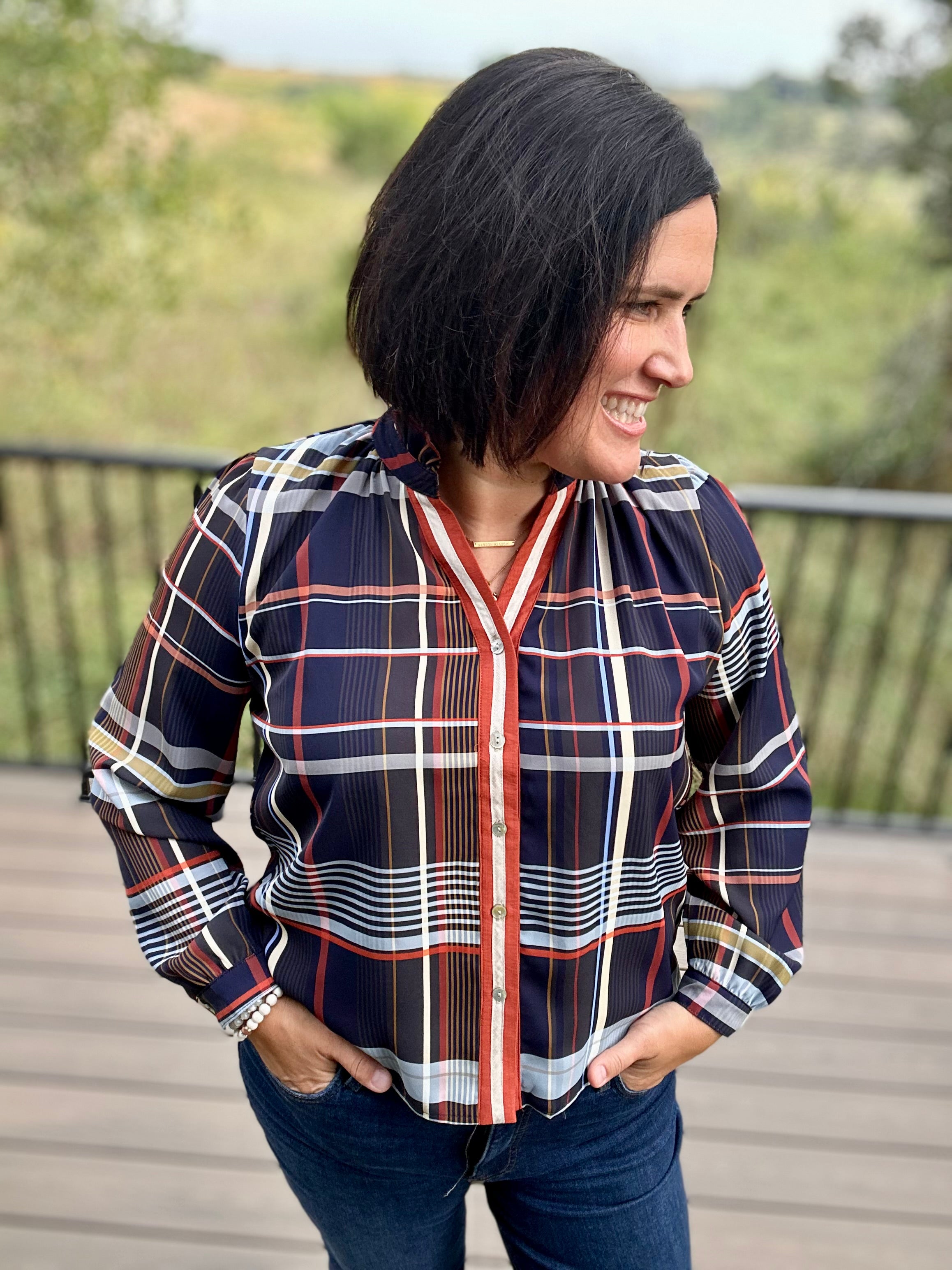 Navy Plaid Button Front Blouse Tops- Blouses THML