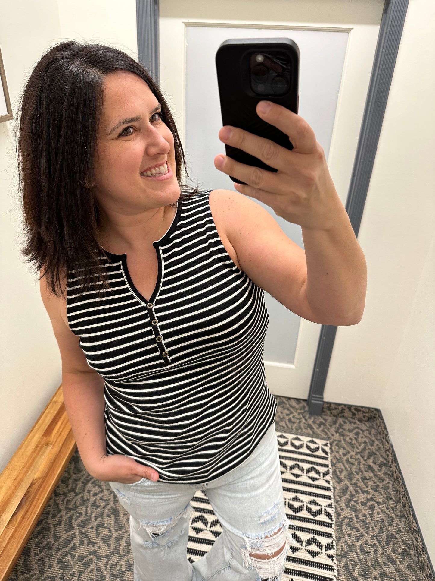 Black/white Striped Henley Tank Top