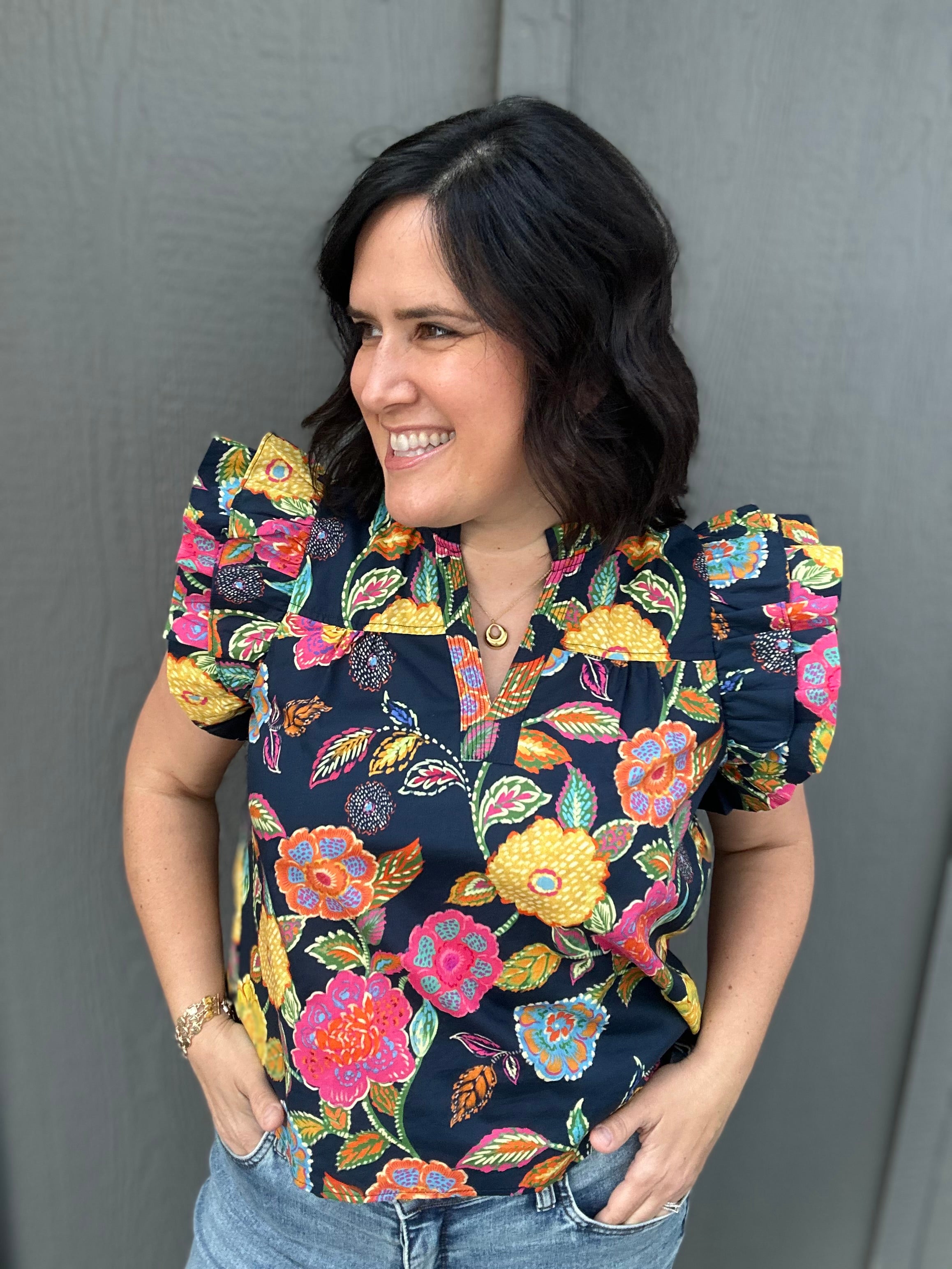 Ruffle Sleeve Floral Top Tops- Blouses THML