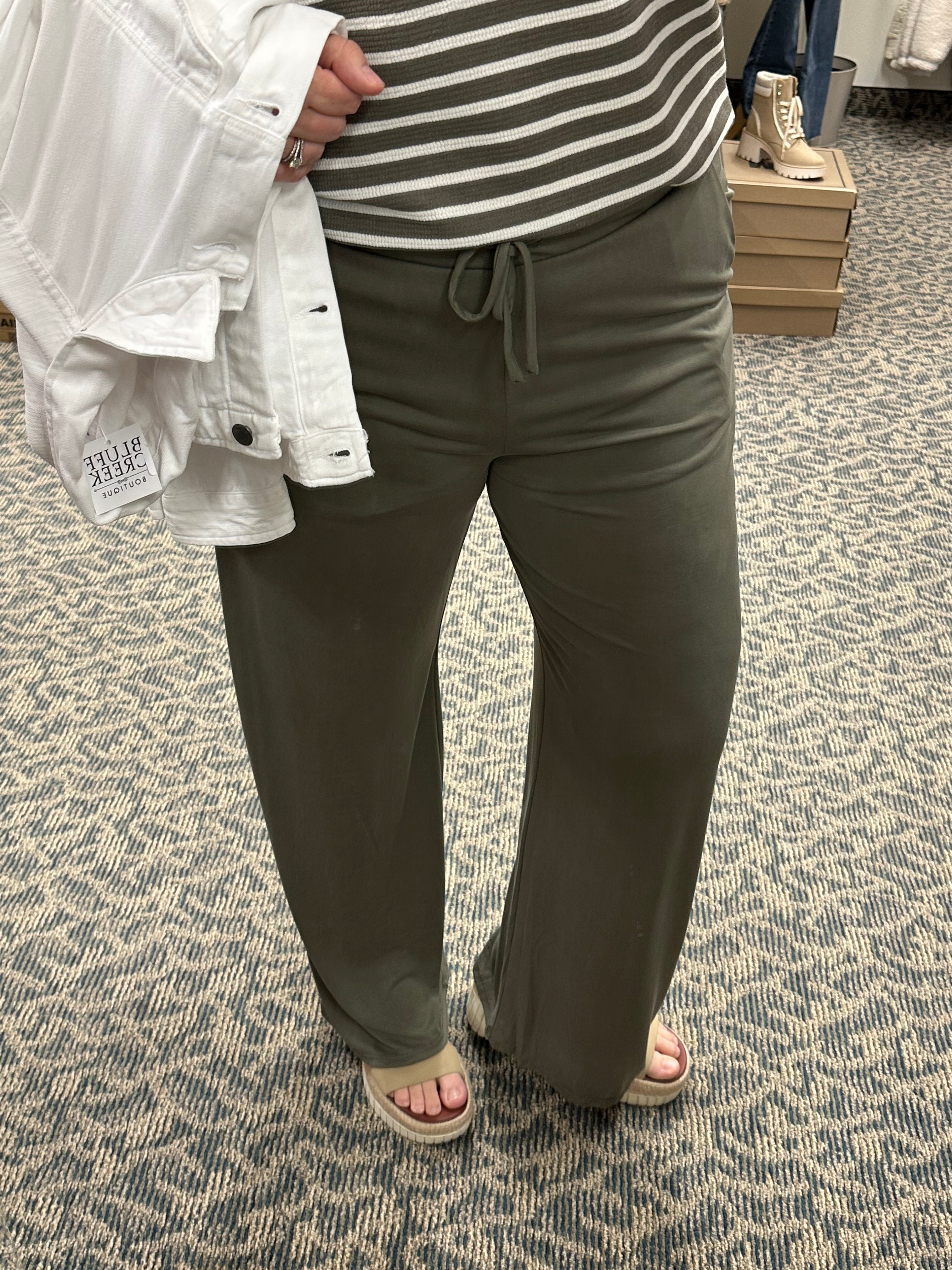 Olive Elastic Waist Wide Leg Pant Bottoms - Pants GILLI