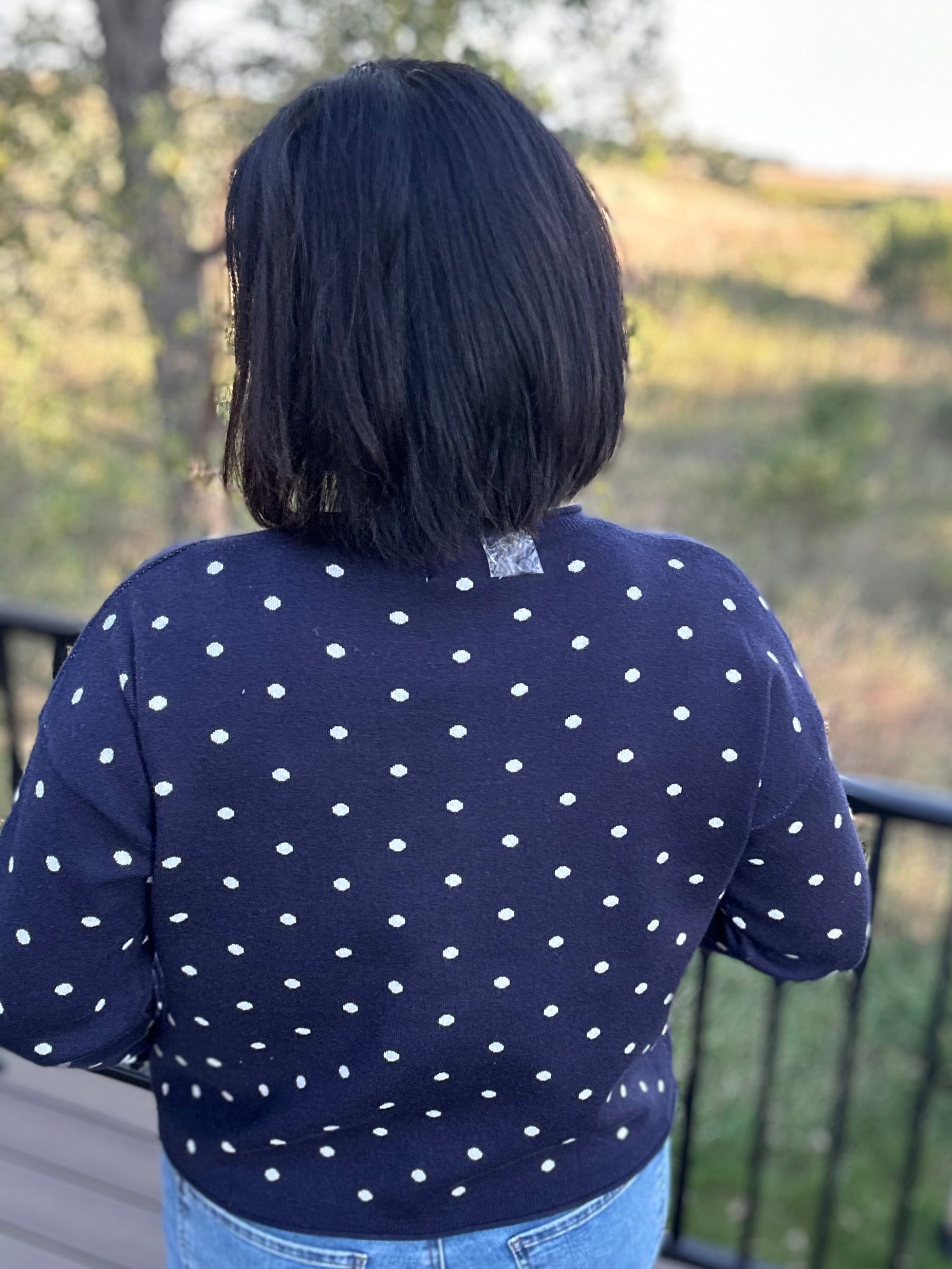 Navy Polka Dot Button Front Cardigan Tops- Cardigans Pologram