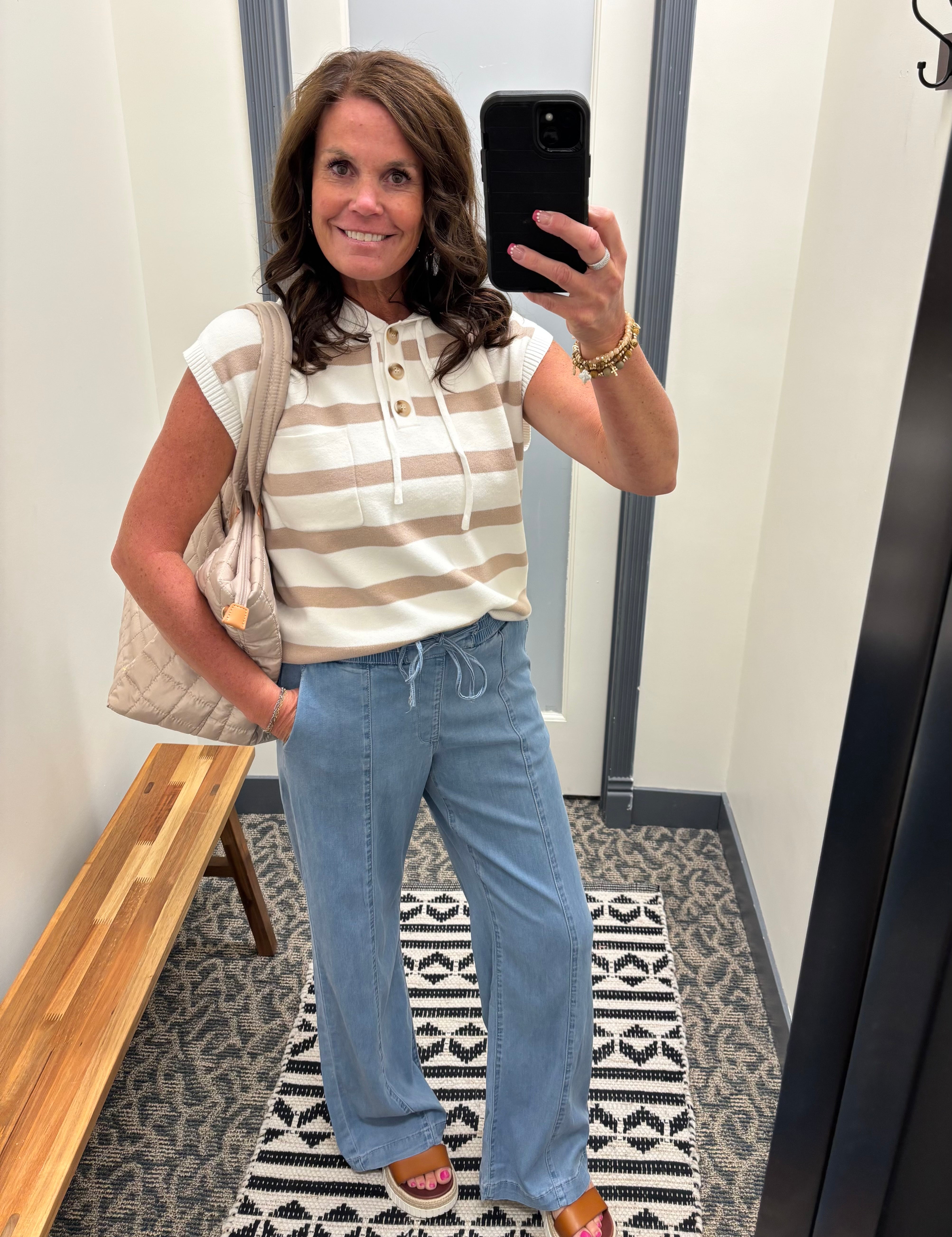 Ivory/Mocha Striped Half Button Hoodie Sweater Top - Sweater STACCATO