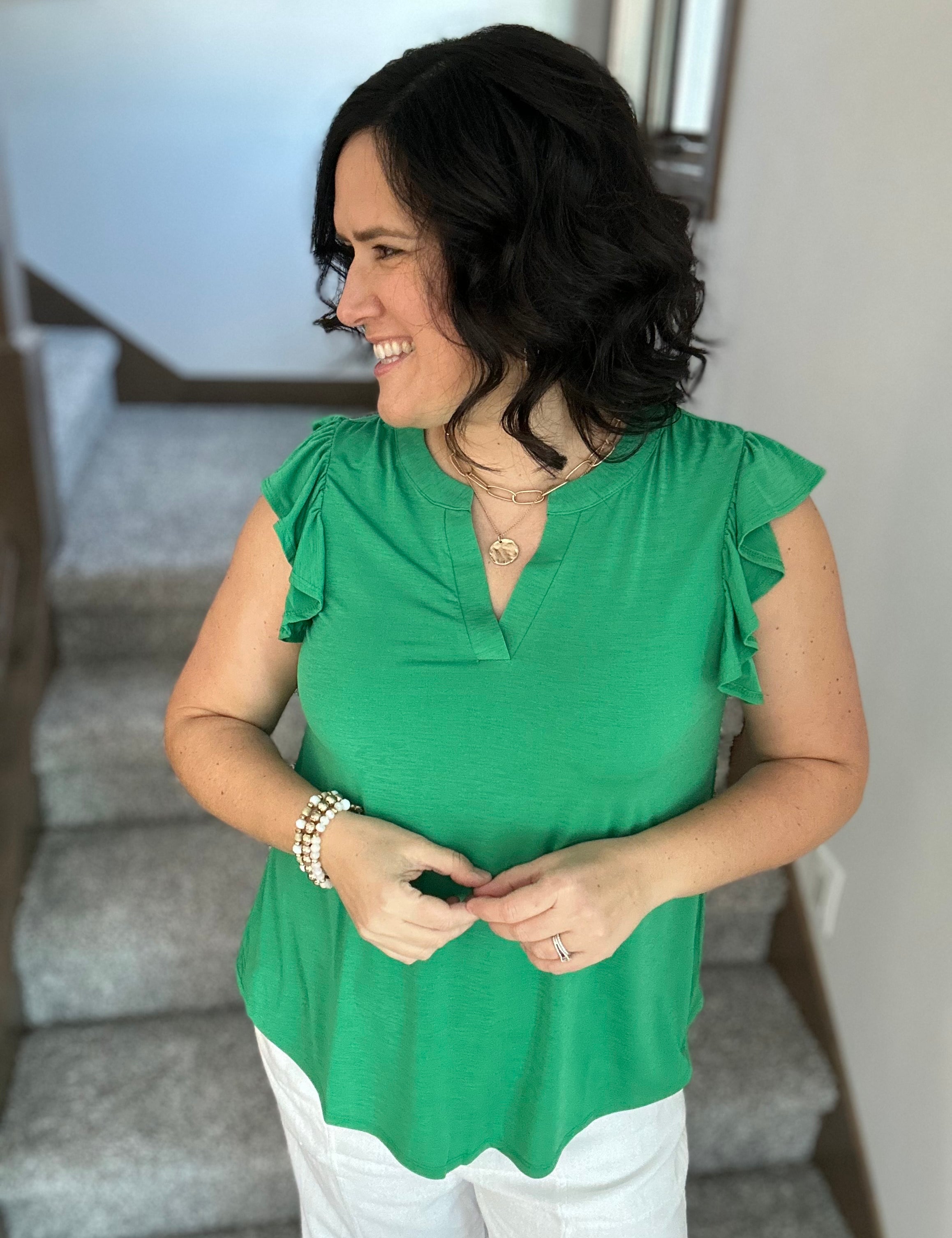 Kelly Green Flutter Sleeve Lizzy Top Tops- Blouses DEAR SCARLETT