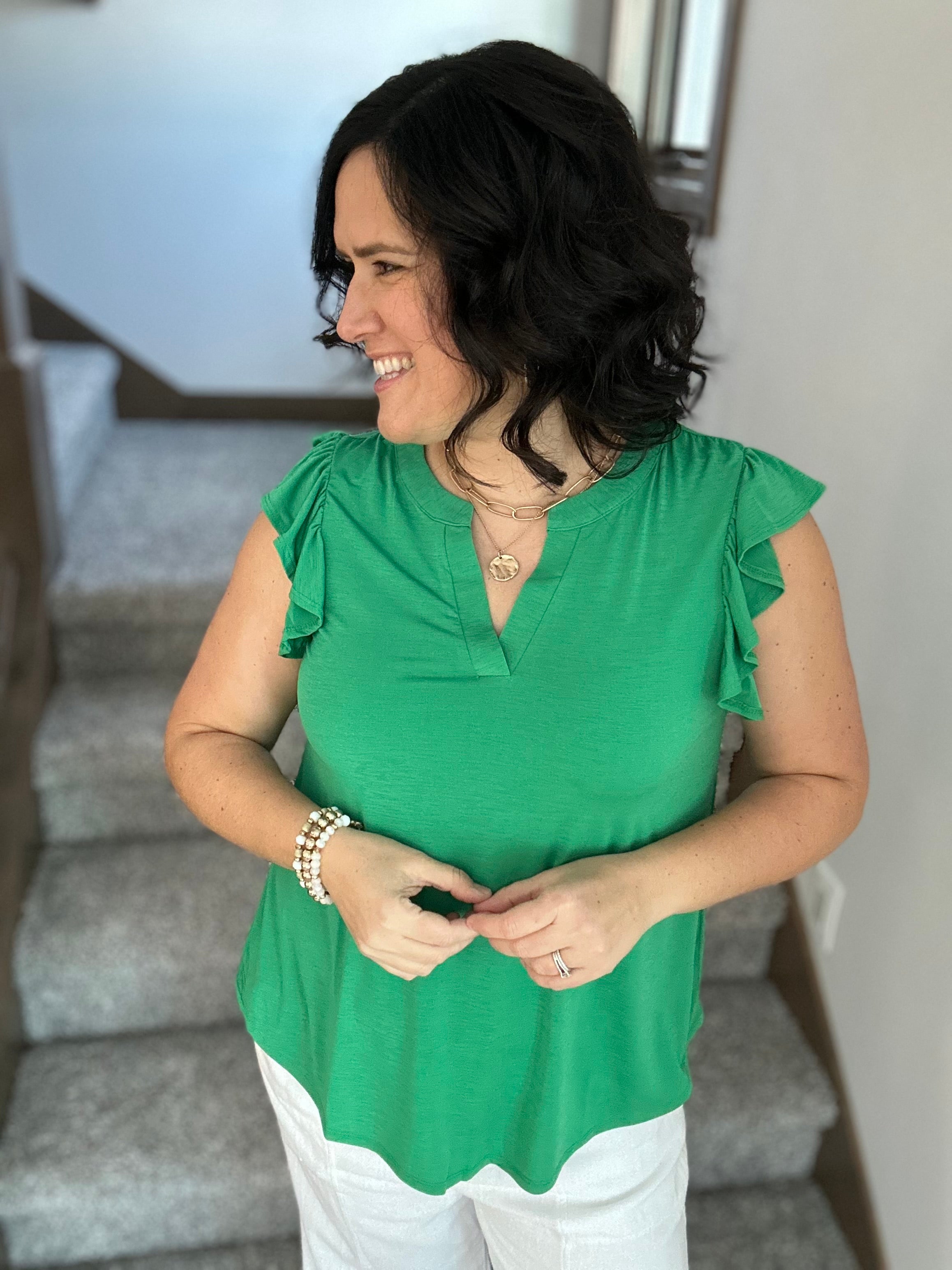 Kelly Green Flutter Sleeve Lizzy Top Tops- Blouses DEAR SCARLETT