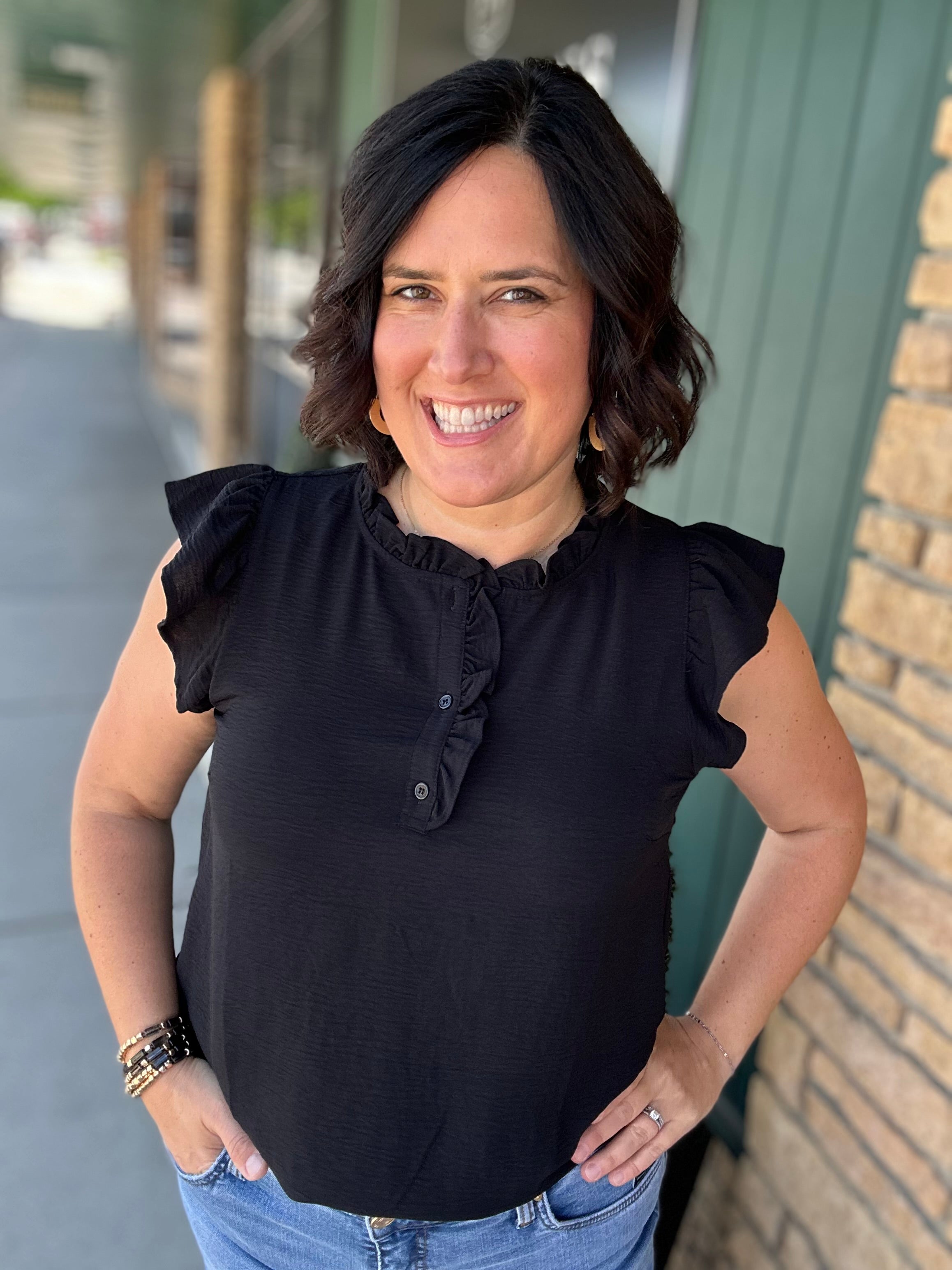 Black Ruffle Button Down Blouse Tops- Blouses STACCATO