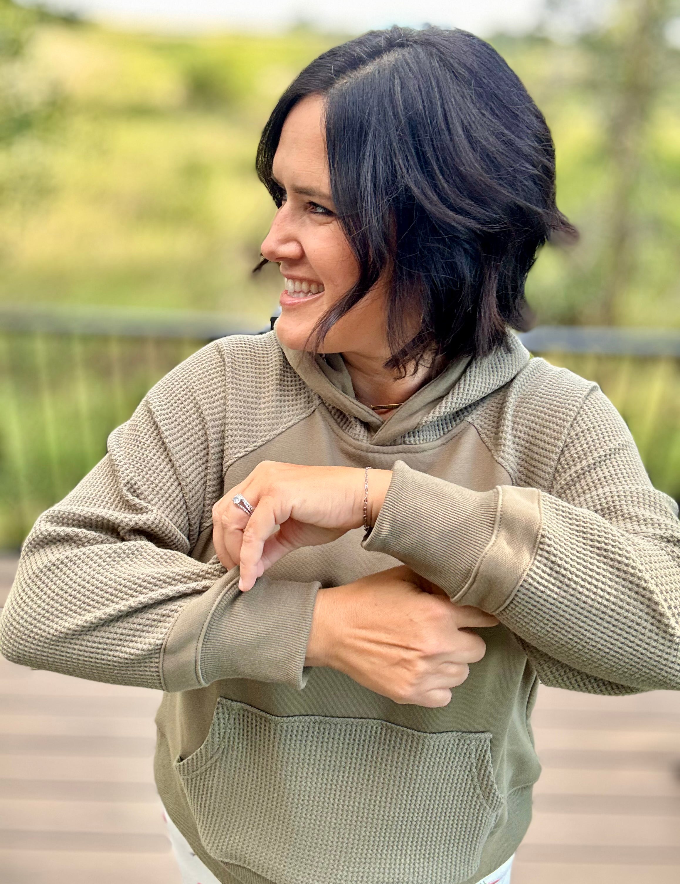 Army Waffle Mixed-Media Hoodie Top - Sweatshirt TRES BIEN