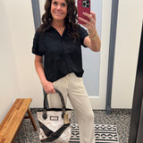 Black Button Front Short Sleeve Tops - Button Ups STACCATO