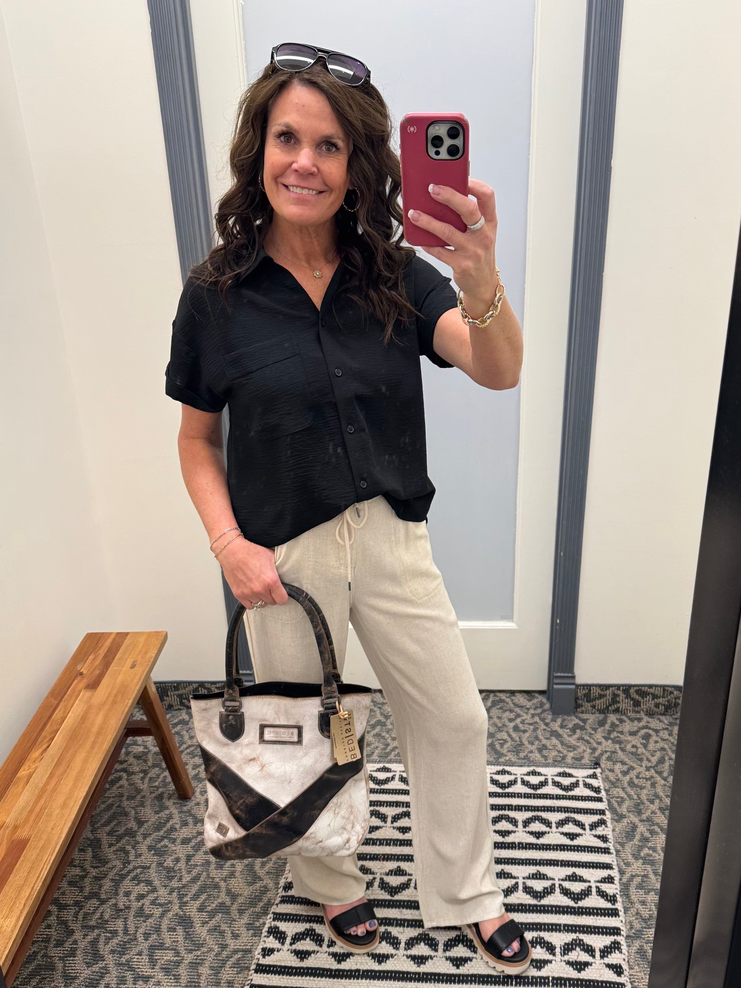 Black Button Front Short Sleeve Tops - Button Ups STACCATO