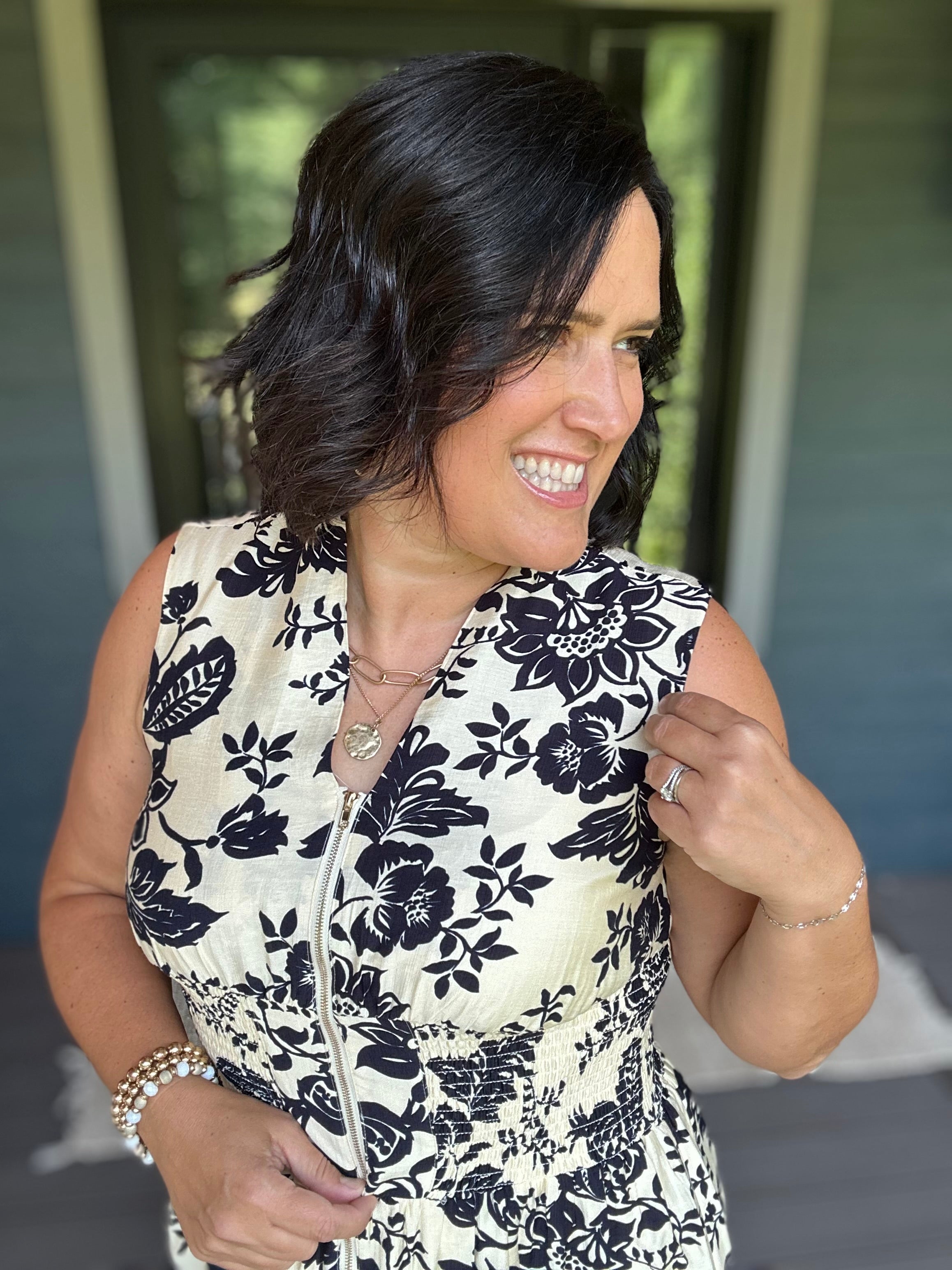 Paisley Print V-Neck Smocked Waist Zip Front Dress Dresses DOE & RAE
